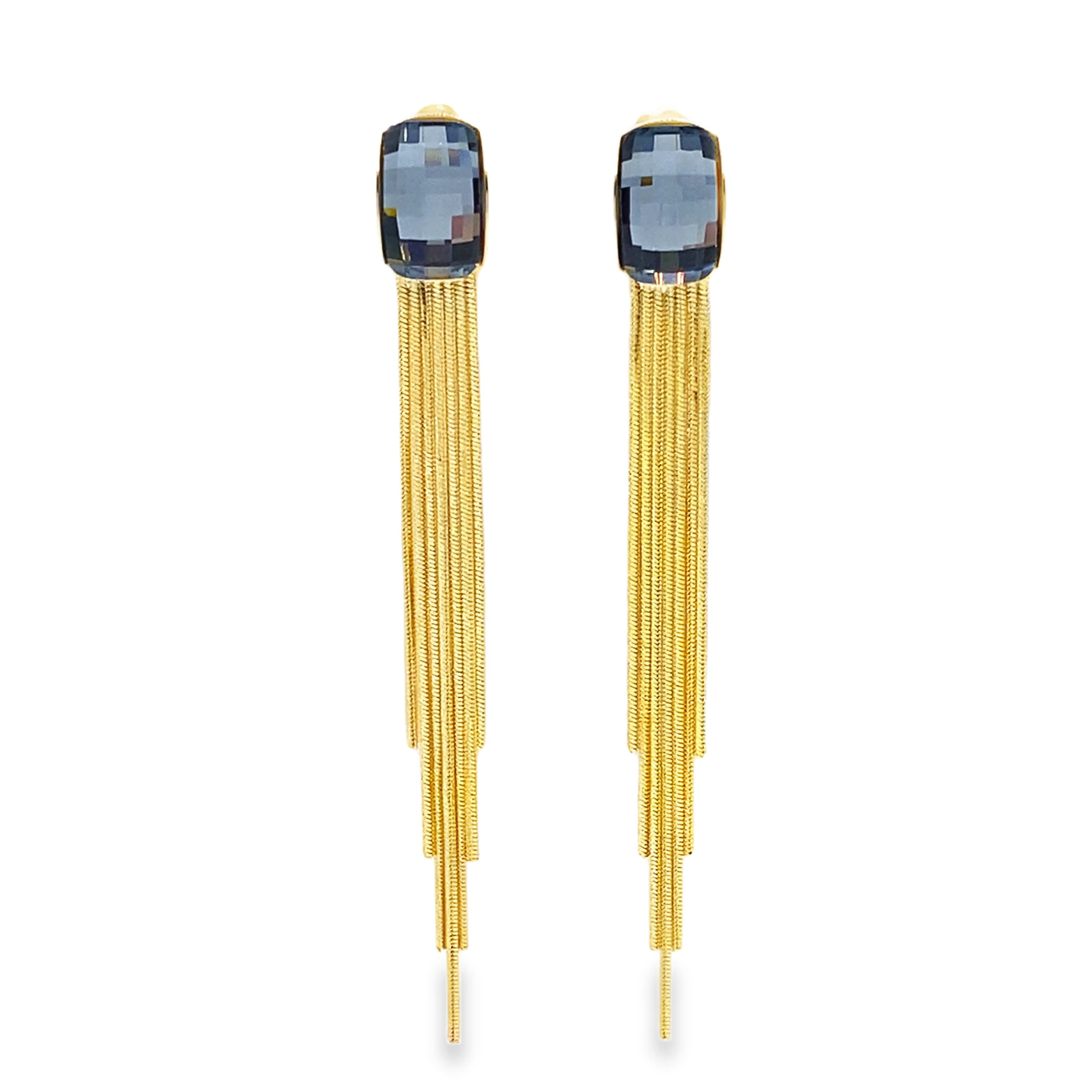 Kolczyki wiszące z żółtego złota z niebieskimi kryształowymi kaboszonami