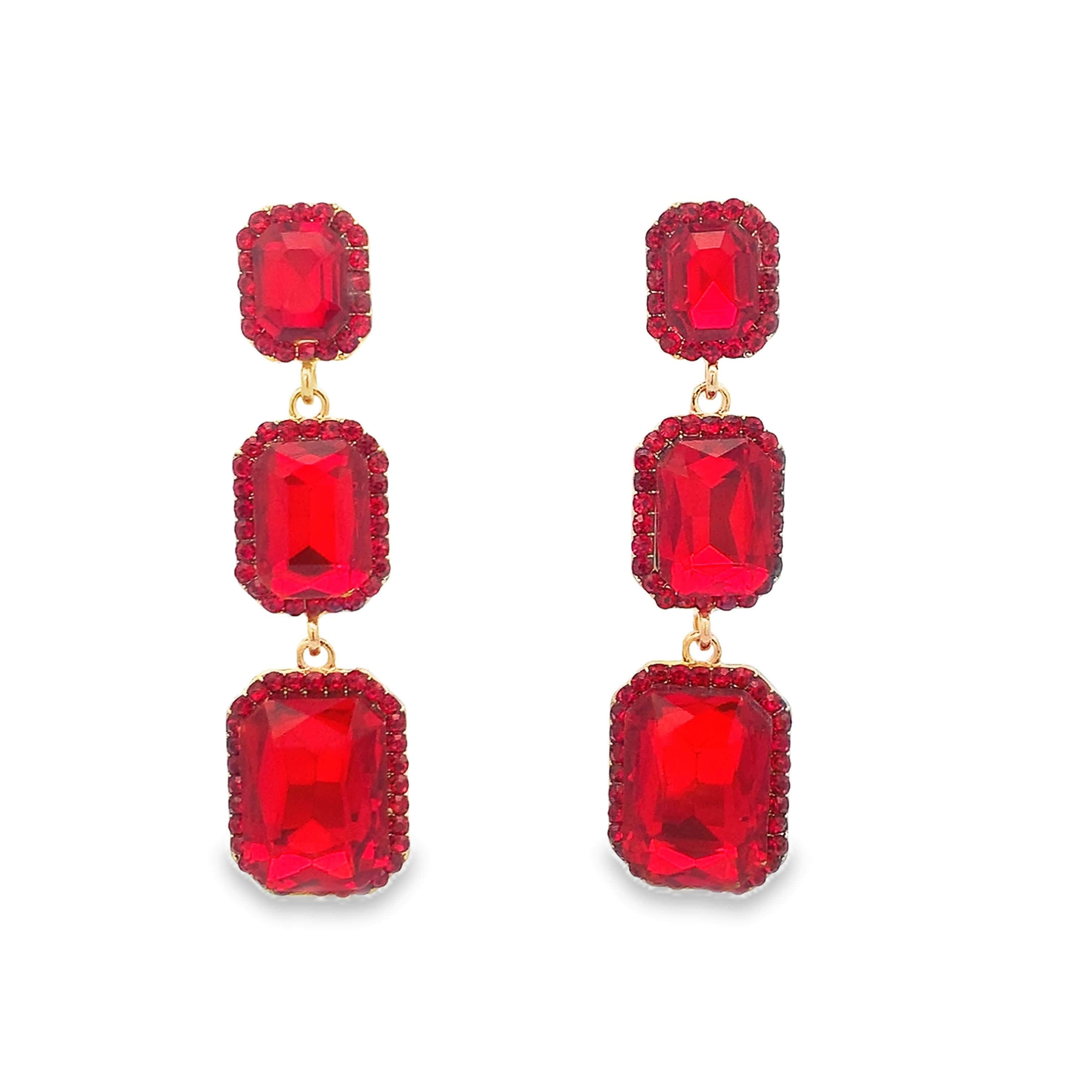 Kolczyki wiszące z żółtego złota z rubinami o szlifie szmaragdowym