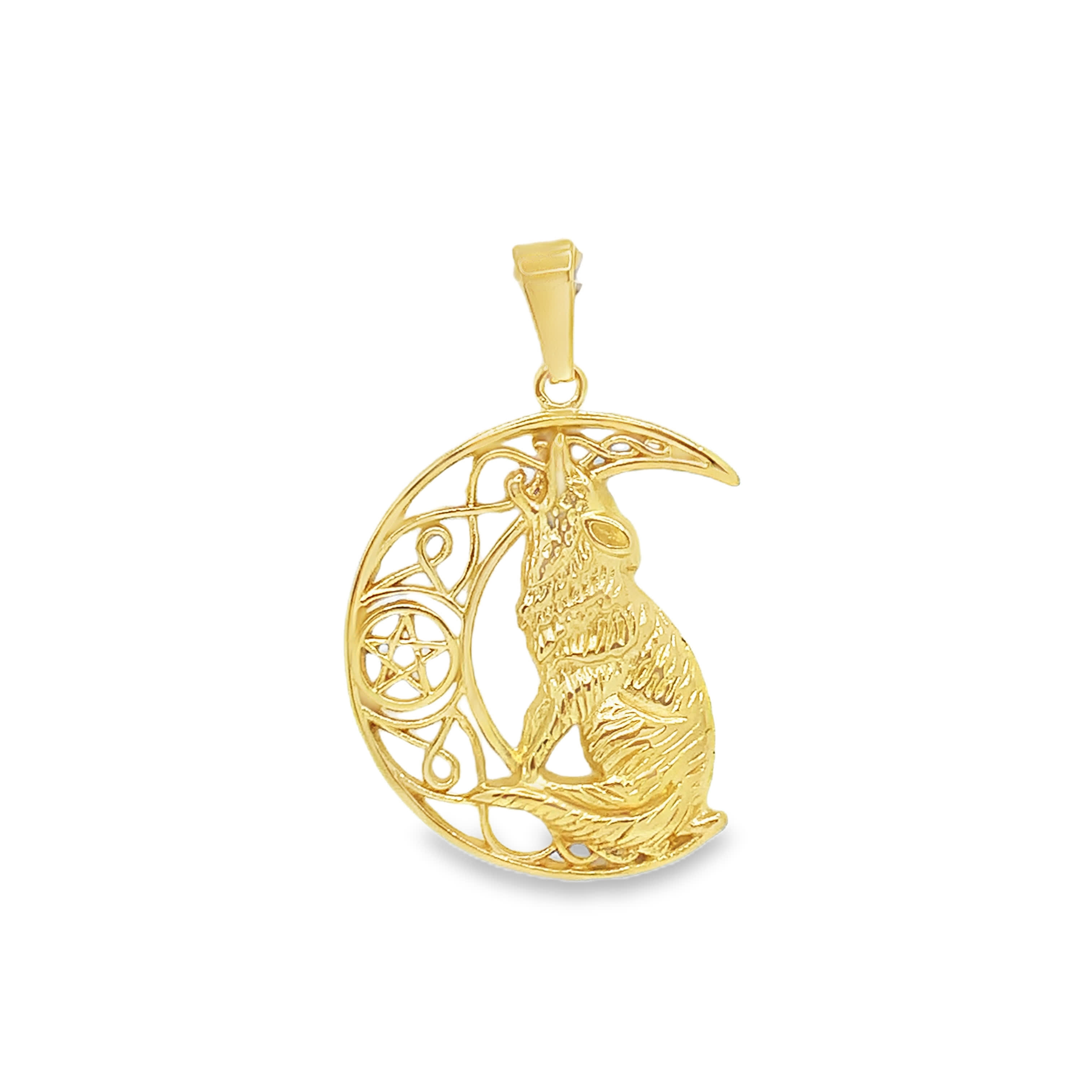 Wisiorek z wilkiem w kształcie półksiężyca ze złoconej stali