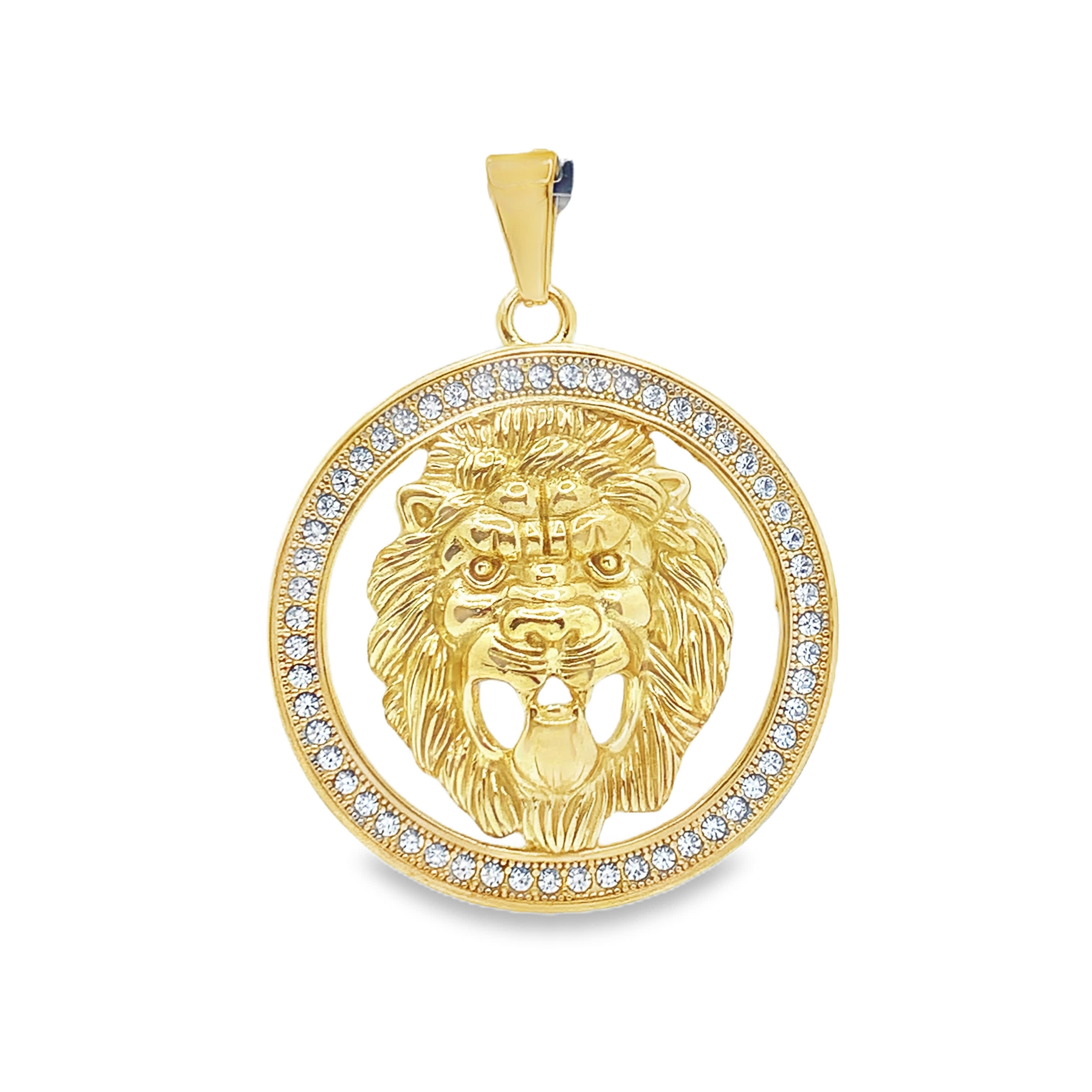 Wisiorek ze złoconej stali w kształcie lwa z okrągłymi kamieniami o szlifie brylantowym