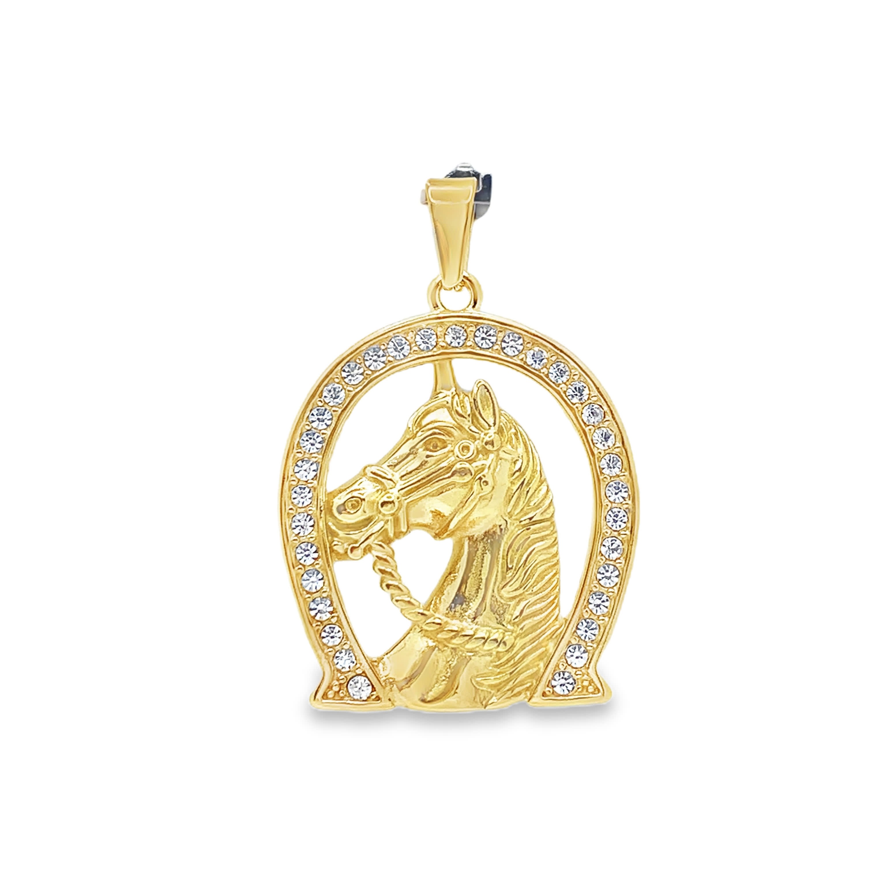 Wisiorek ze złoconej stali w kształcie konia i podkowy z kamieniami