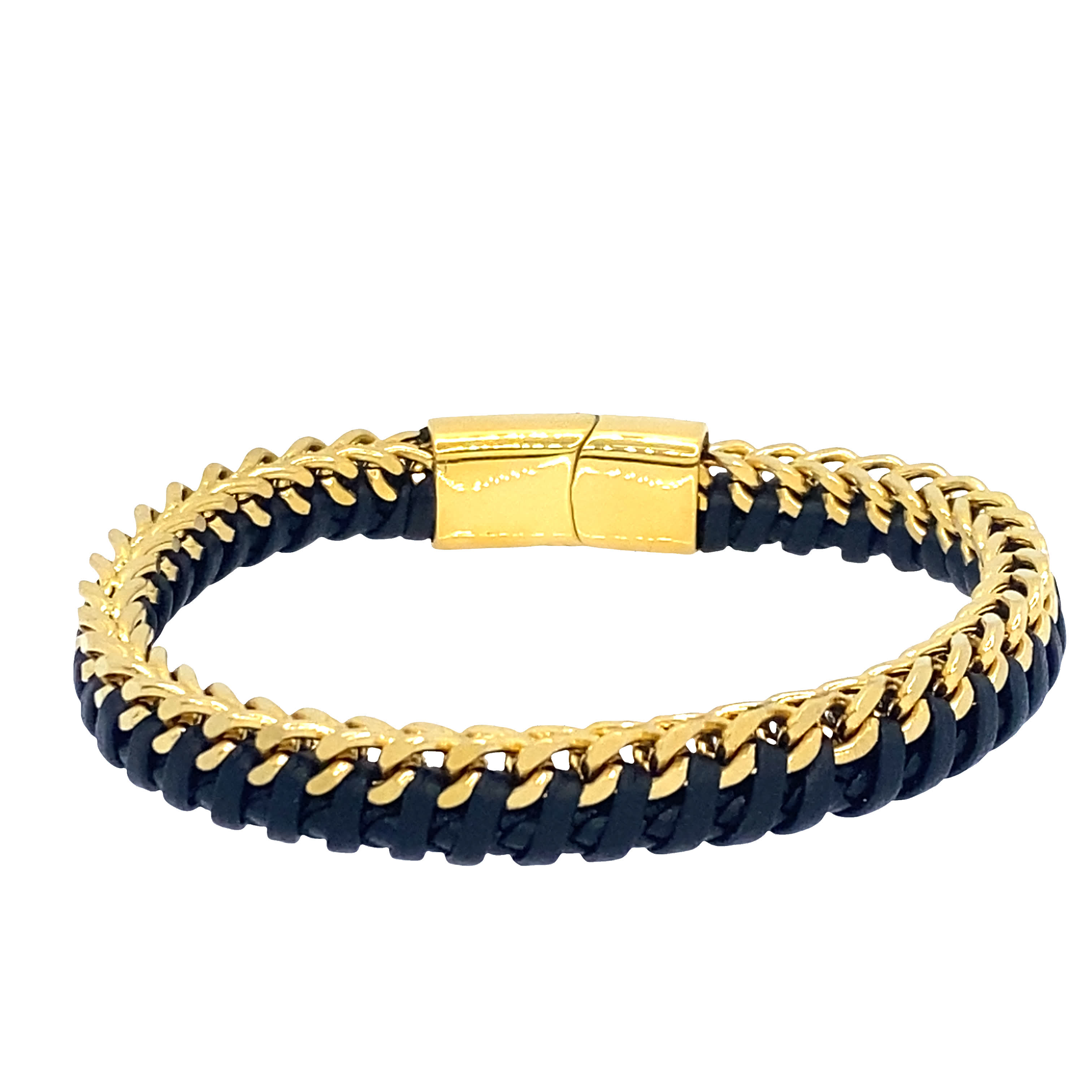 Bransoletka ze złoconej stali z łańcuszkiem i czarnymi akcentami