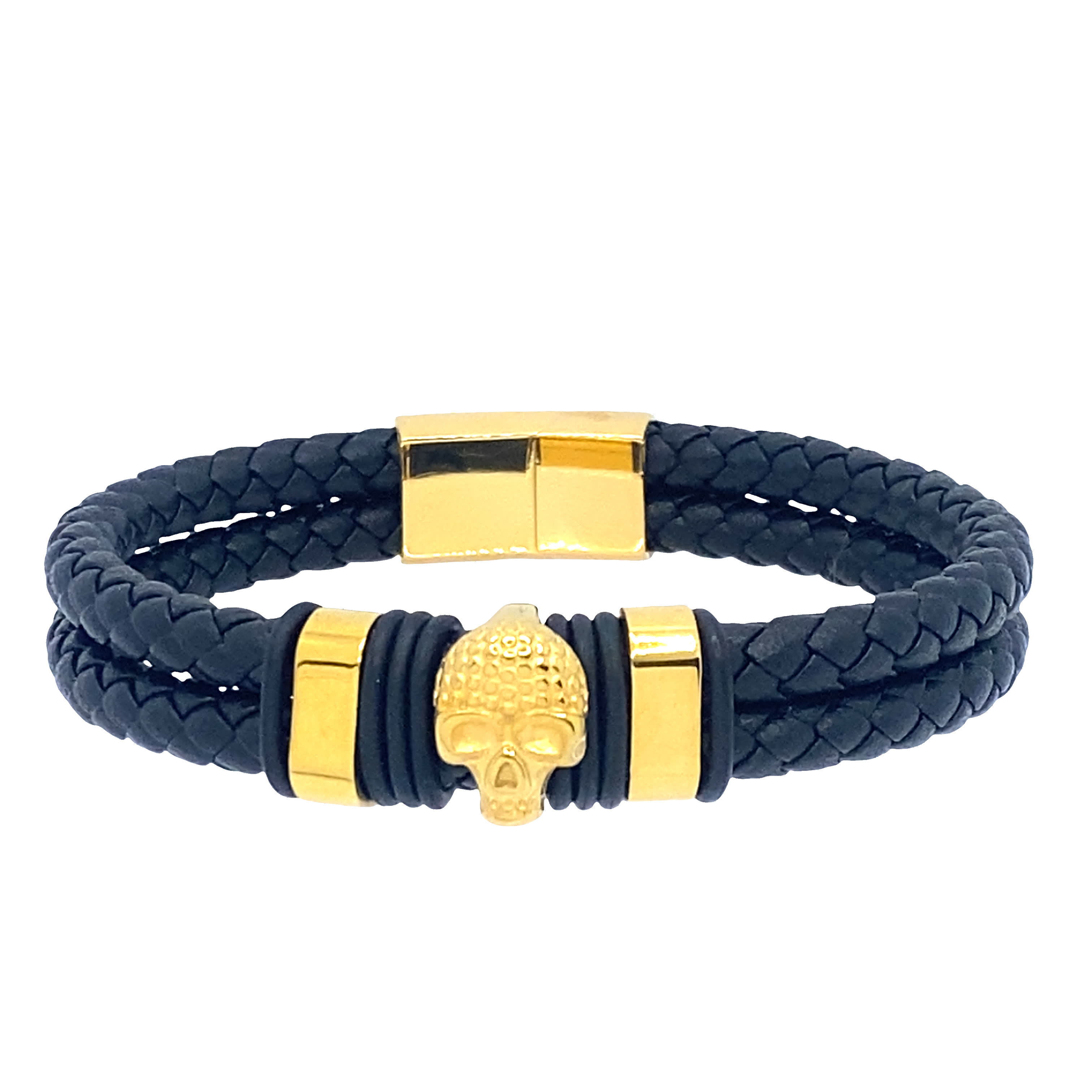 Bransoletka z koralików w kształcie czaszki ze złoconej stali z czarnym plecionym paskiem