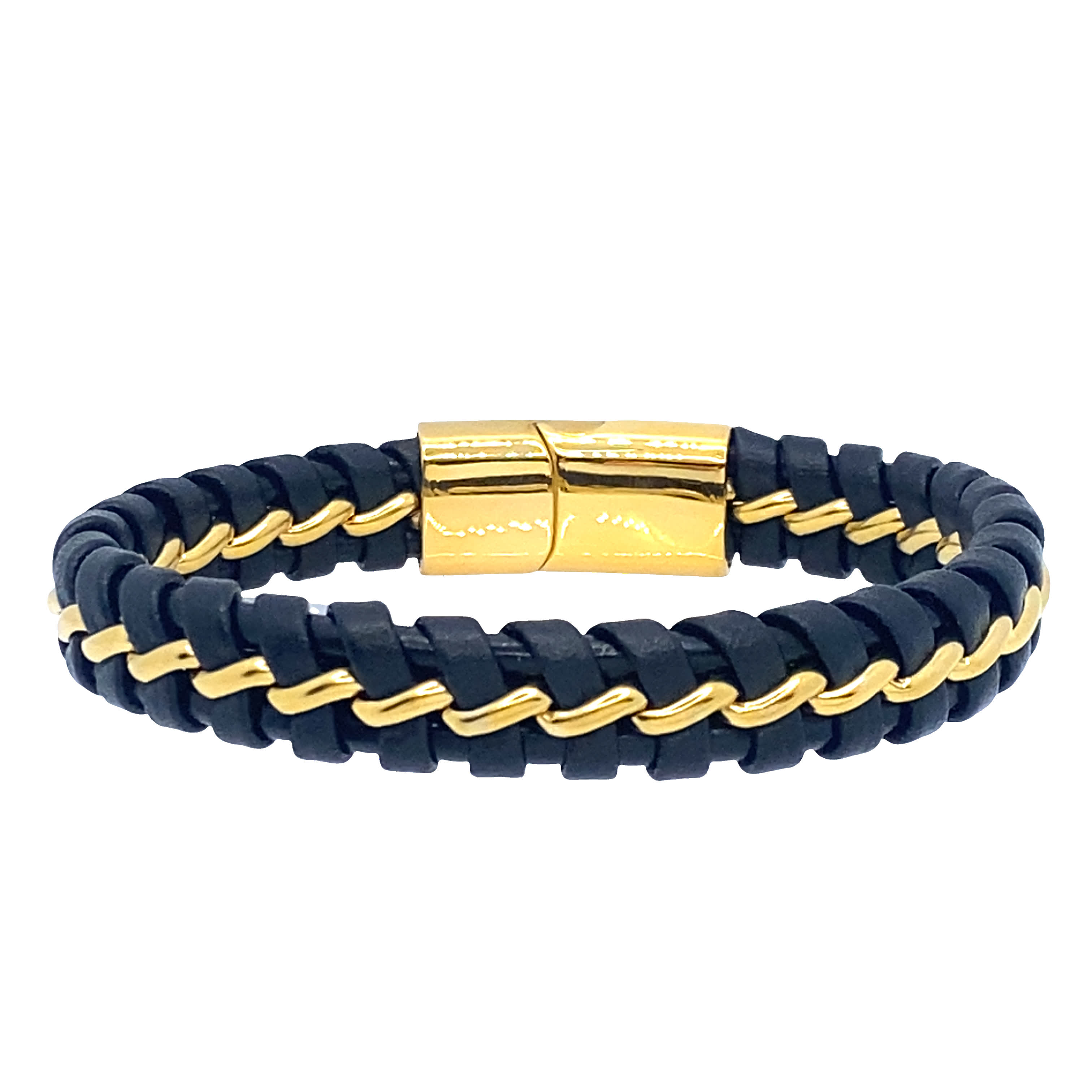 Bransoletka z plecionego łańcuszka ze skóry i żółtego metalu