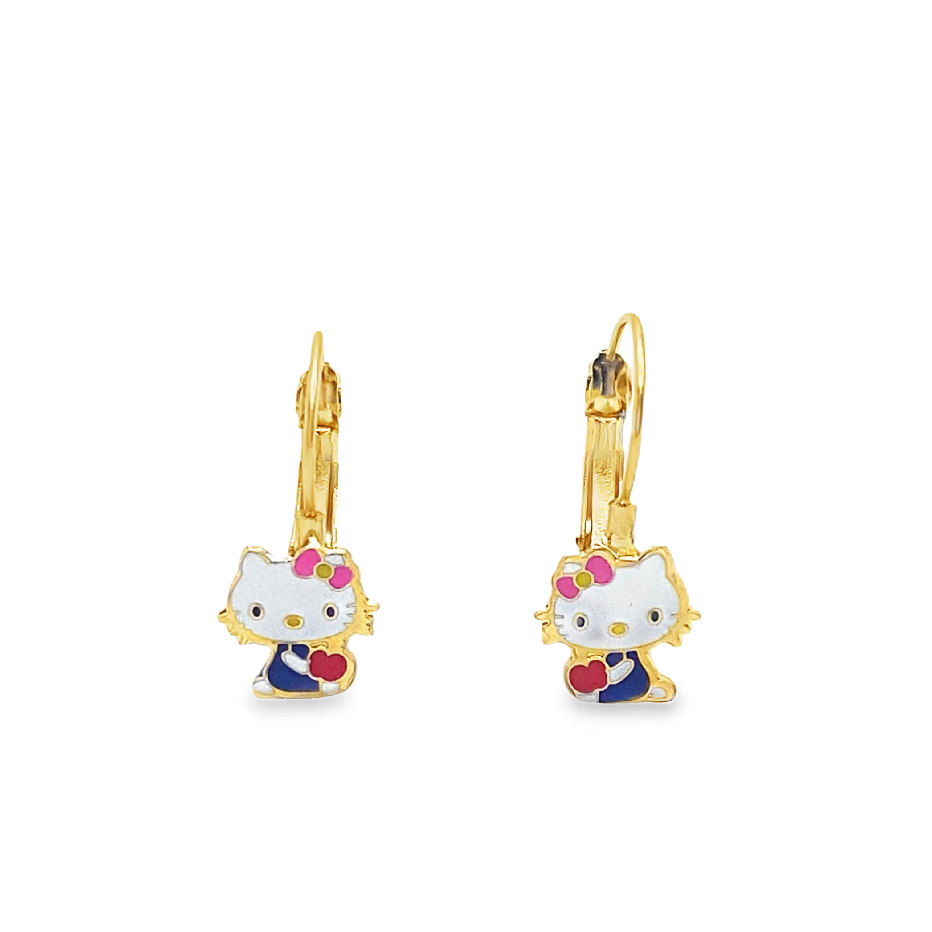 Kolczyki wiszące Hello Kitty z żółtego złota z emalią