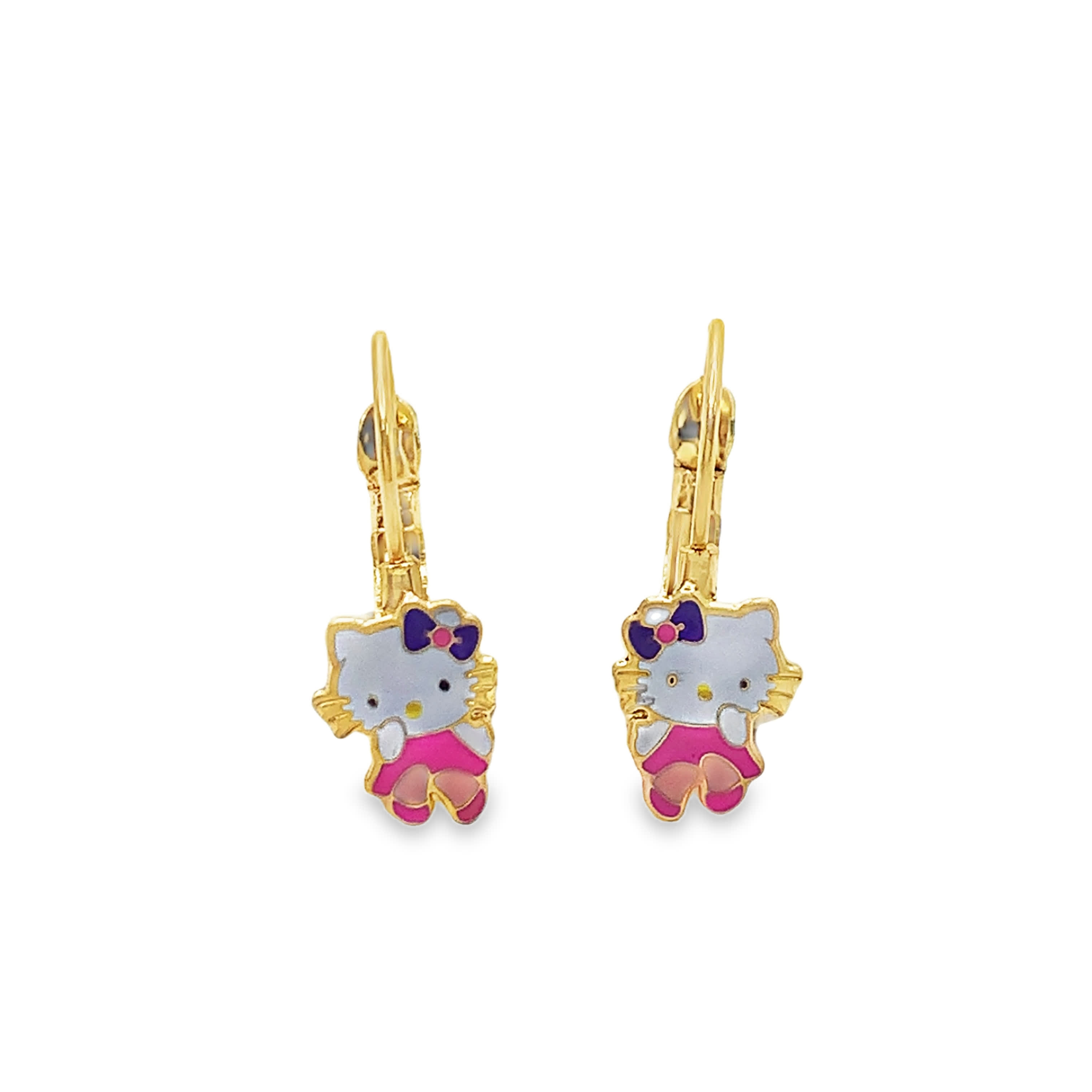 Kolczyki wiszące z żółtego złota w kształcie kotka z rysunkami