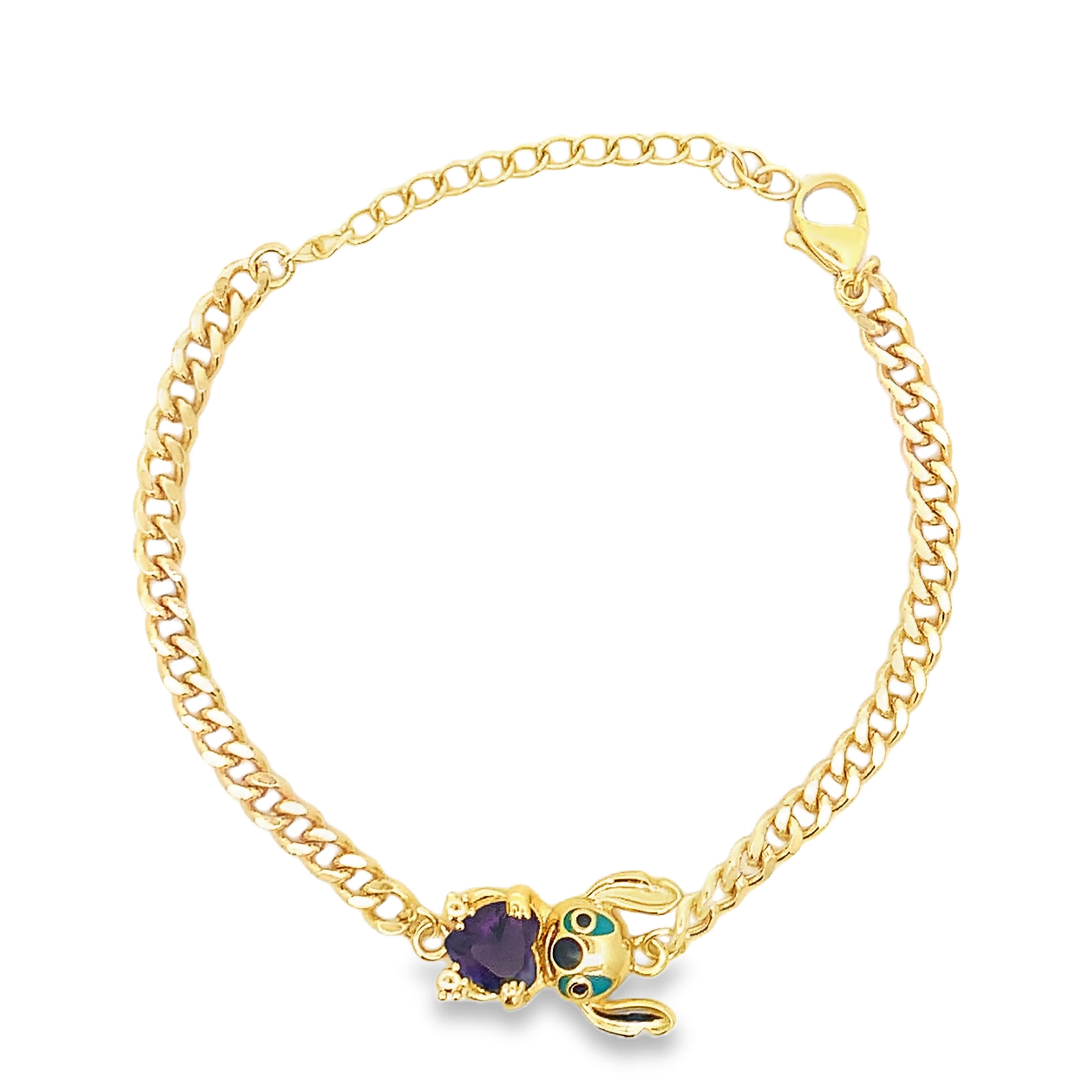 Bransoletka z żółtego złota z łańcuszkiem i ametystem w kształcie serca oraz akcentem emaliowanym
