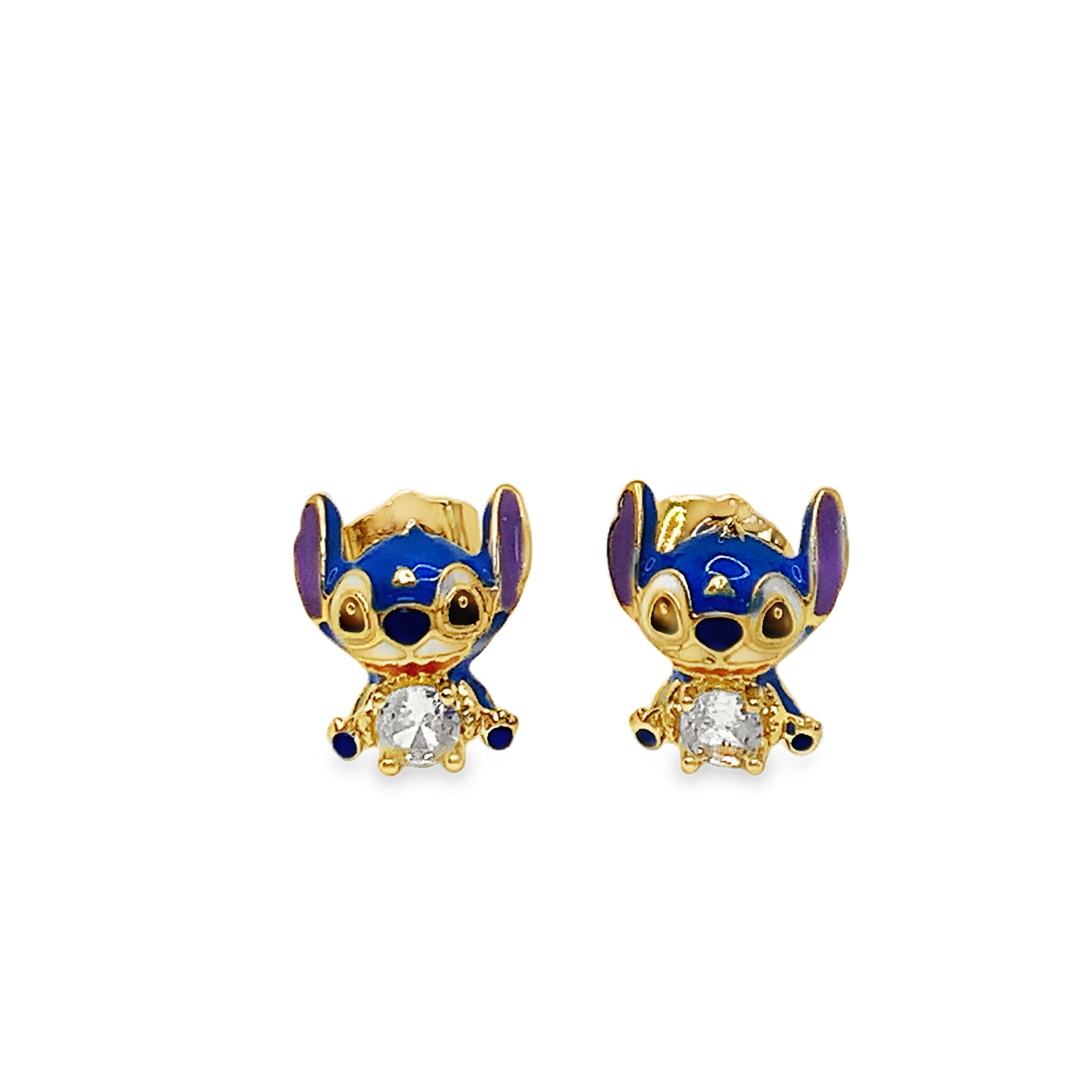 Disney Character Stud Earrings with Round Brilliant Cut Diamonds in Yellow Gold