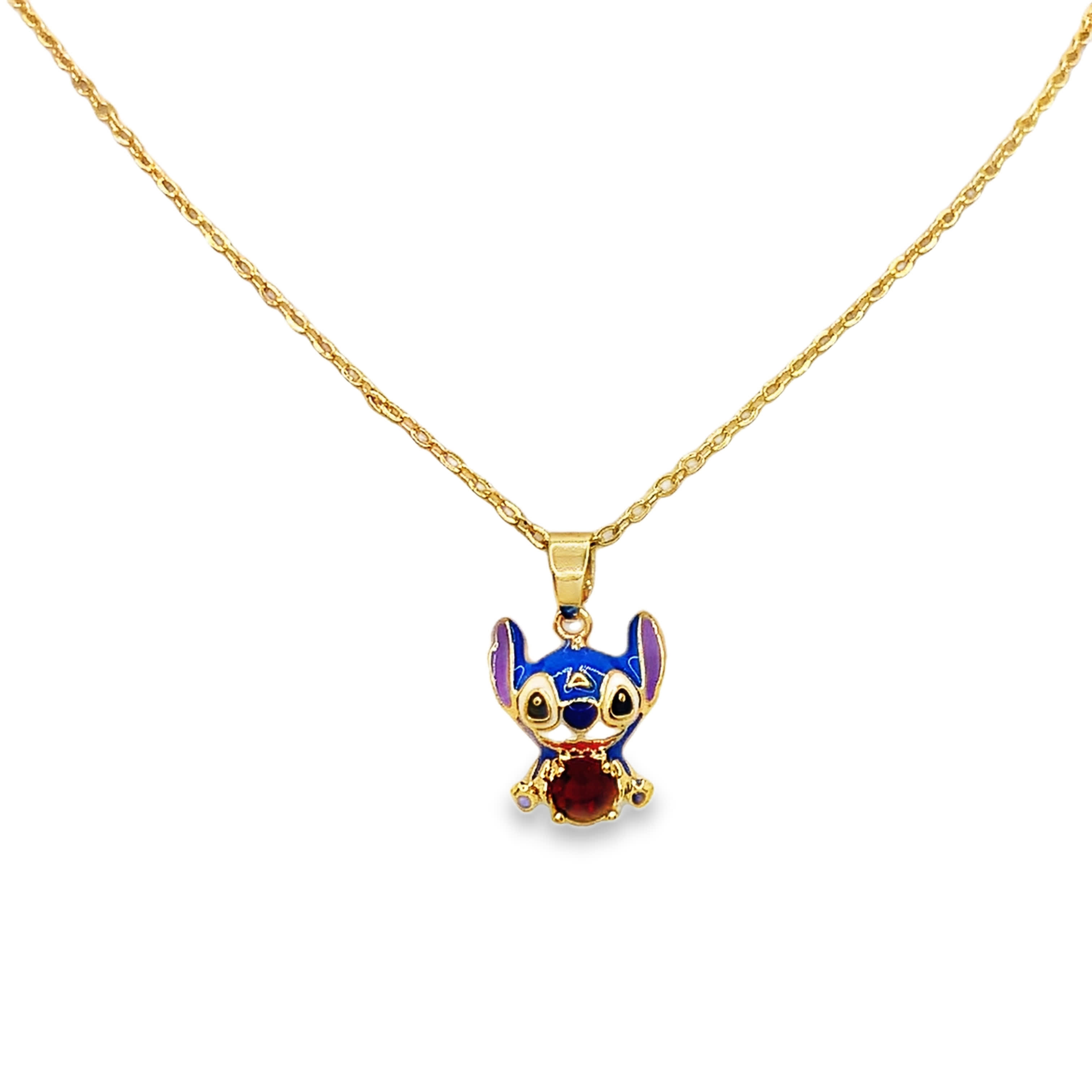 Yellow Gold Charm Necklace with Ruby Cartoon Character Pendant
