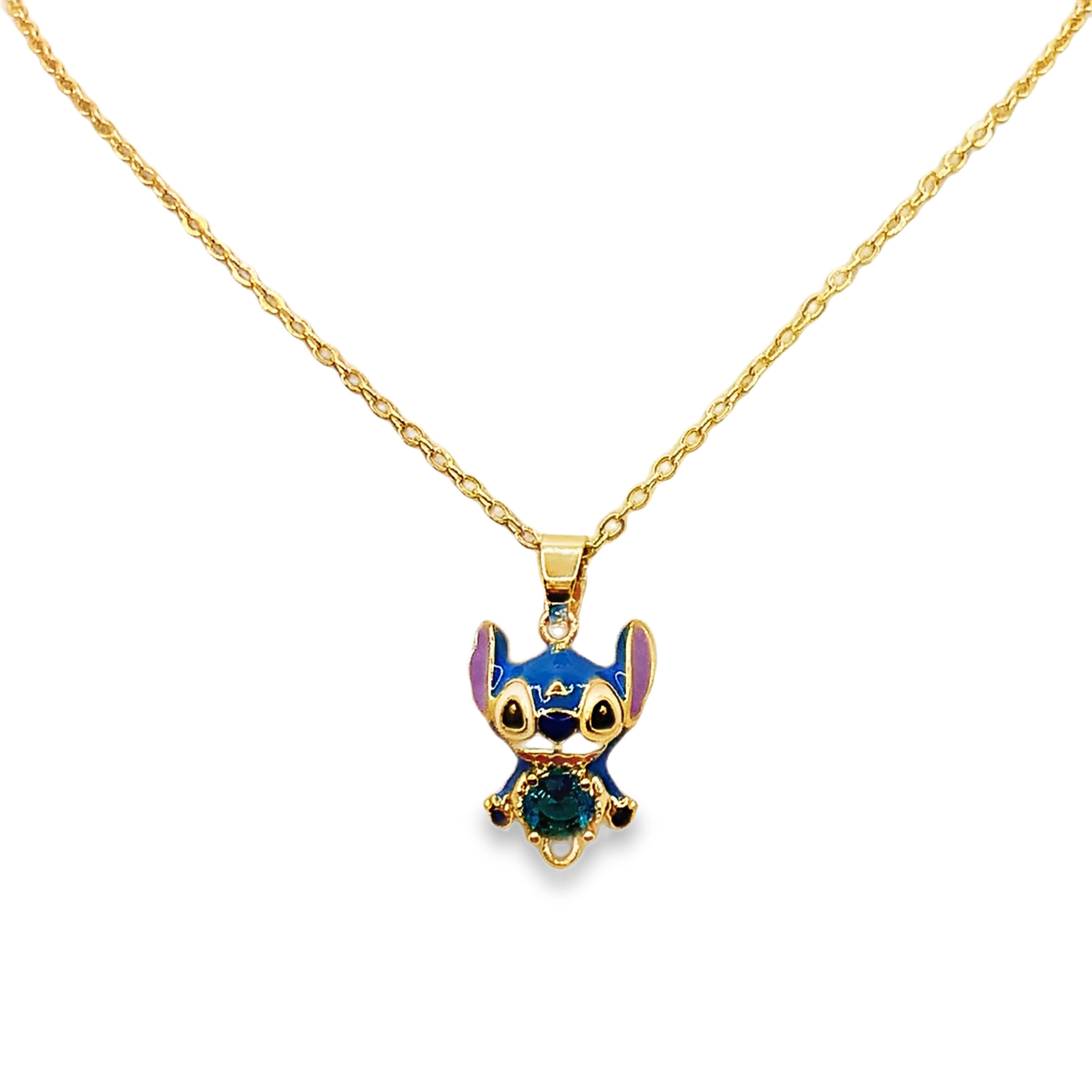 Yellow Gold Charm Necklace with Bluish Green Crystal