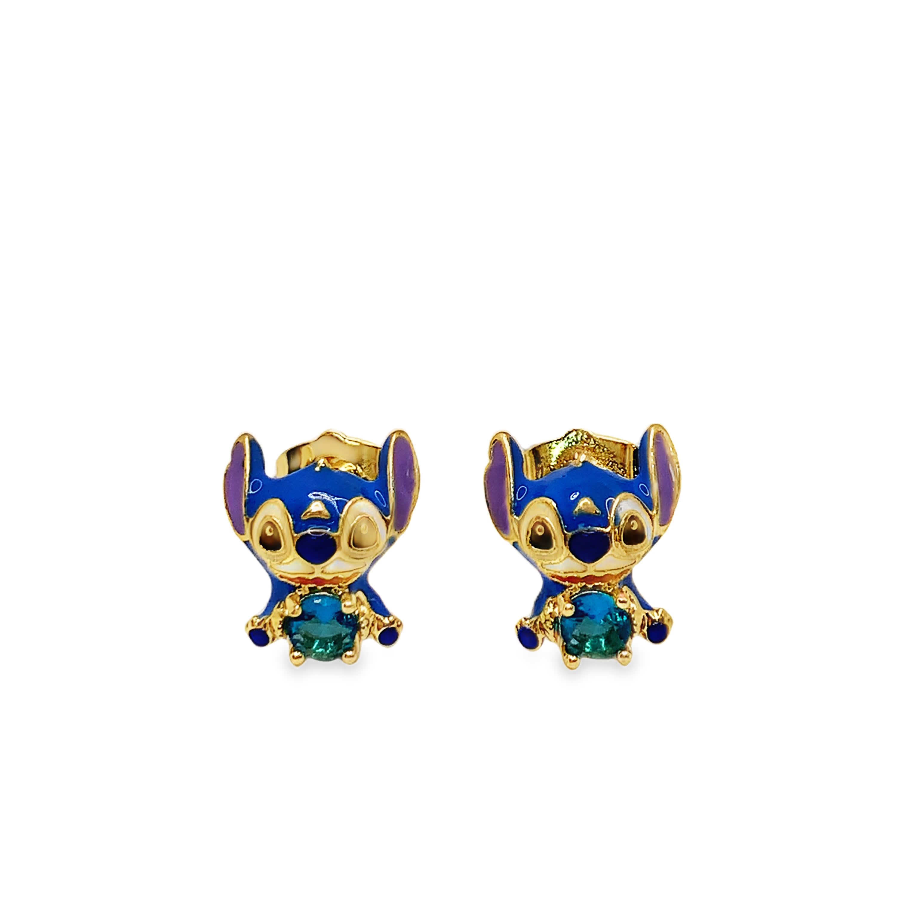 Whimsical Yellow Gold Stud Earrings with Bluish Green Crystal Accents