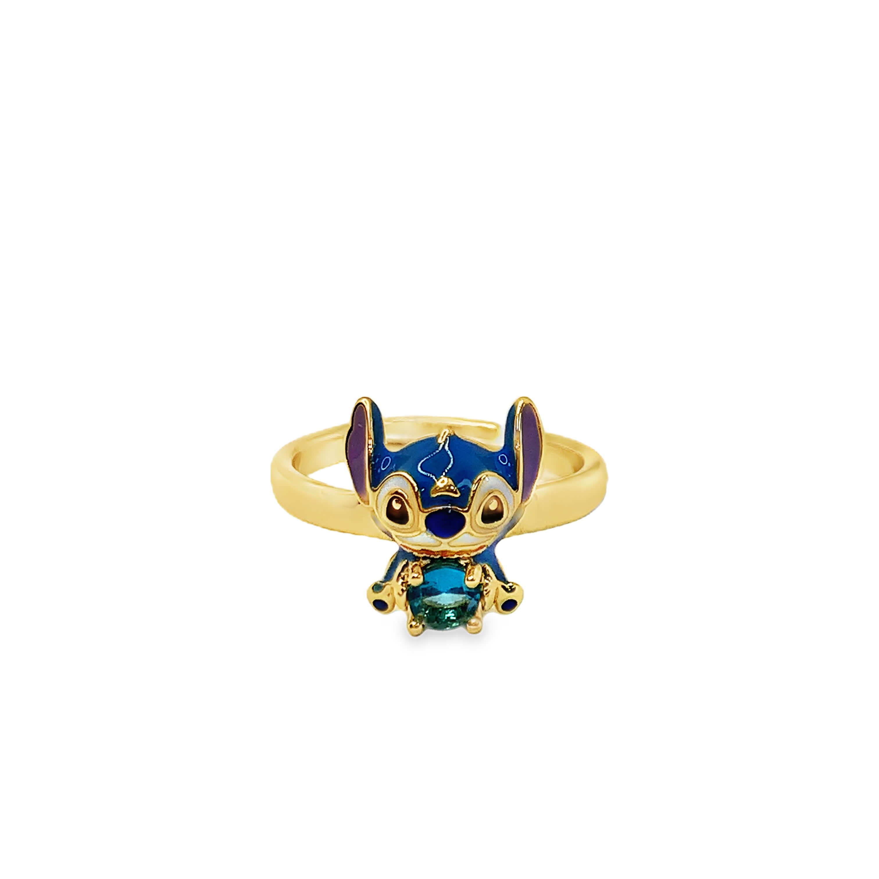 Whimsical Character Motif Ring with Bluish-Green Crystal in Yellow Gold