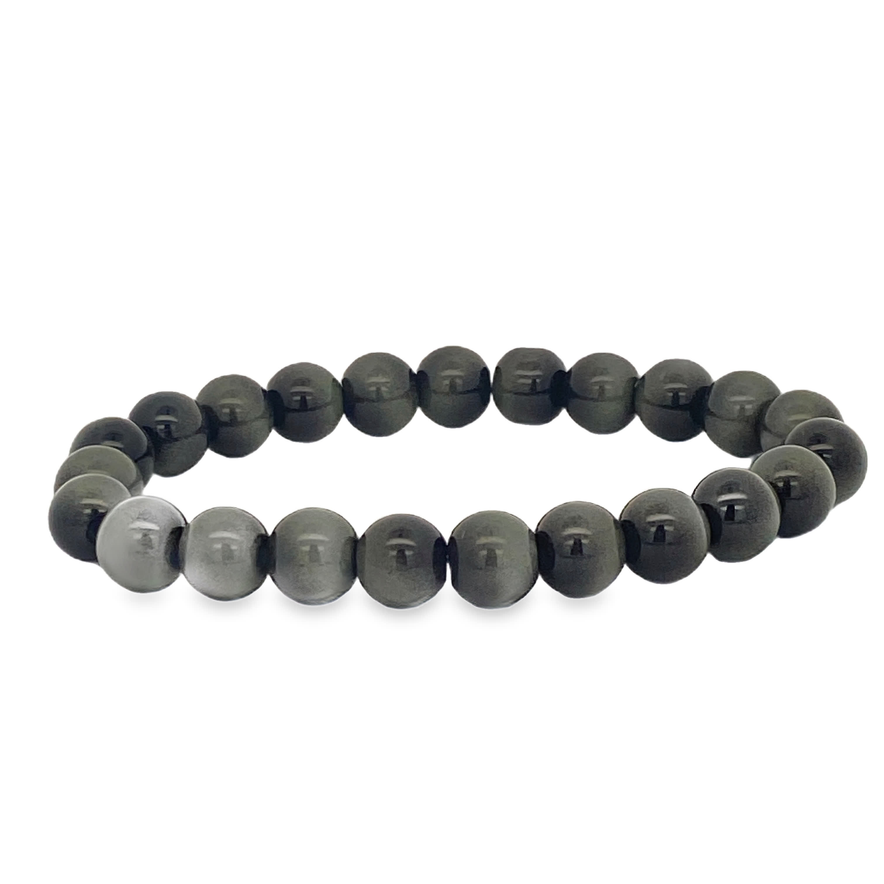 Bransoletka z koralików obsydianowych: ciemnozielony sznur okrągłych kamieni szlachetnych w kształcie kaboszonu