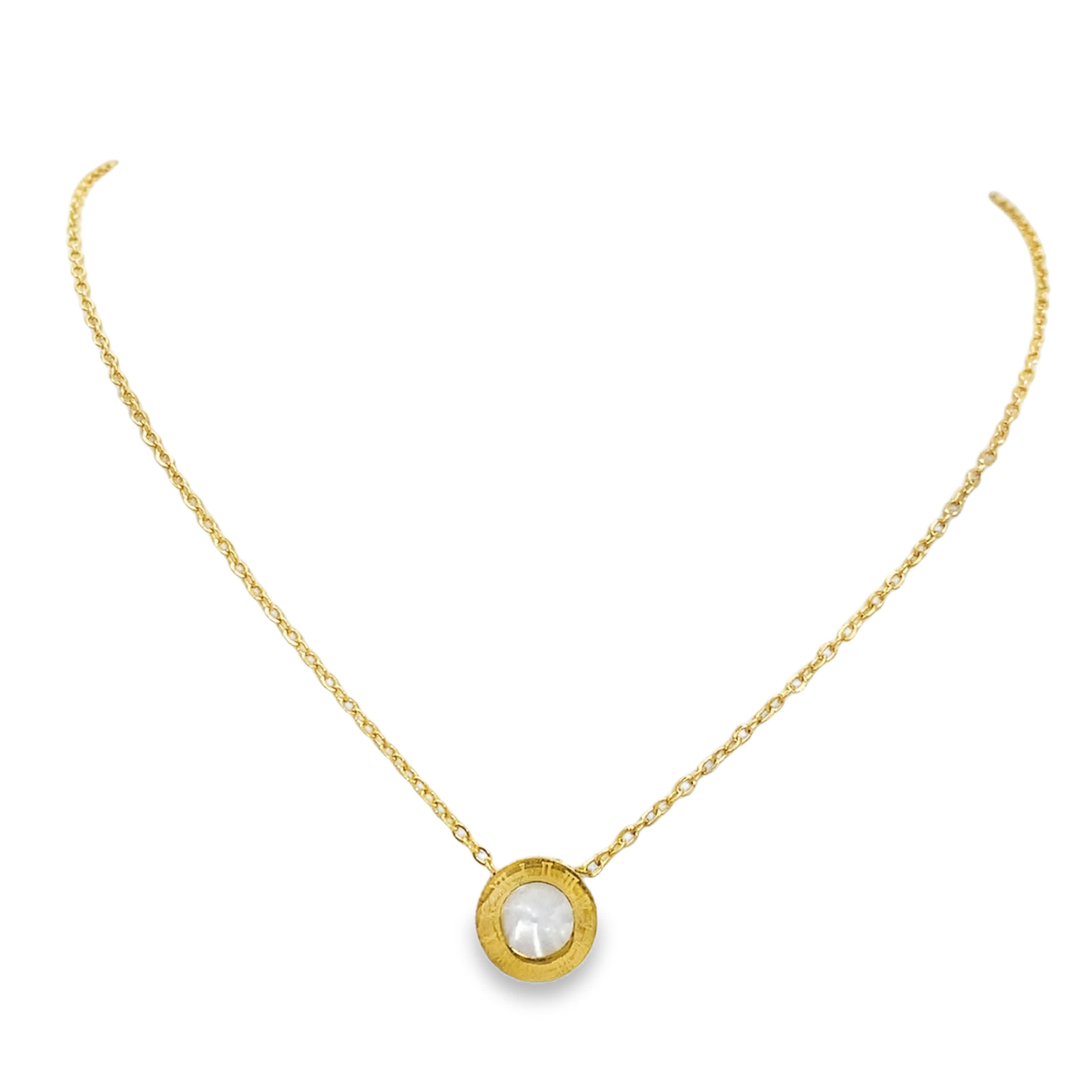 Yellow Gold Chain Necklace with Round Cabochon Pearl Pendant