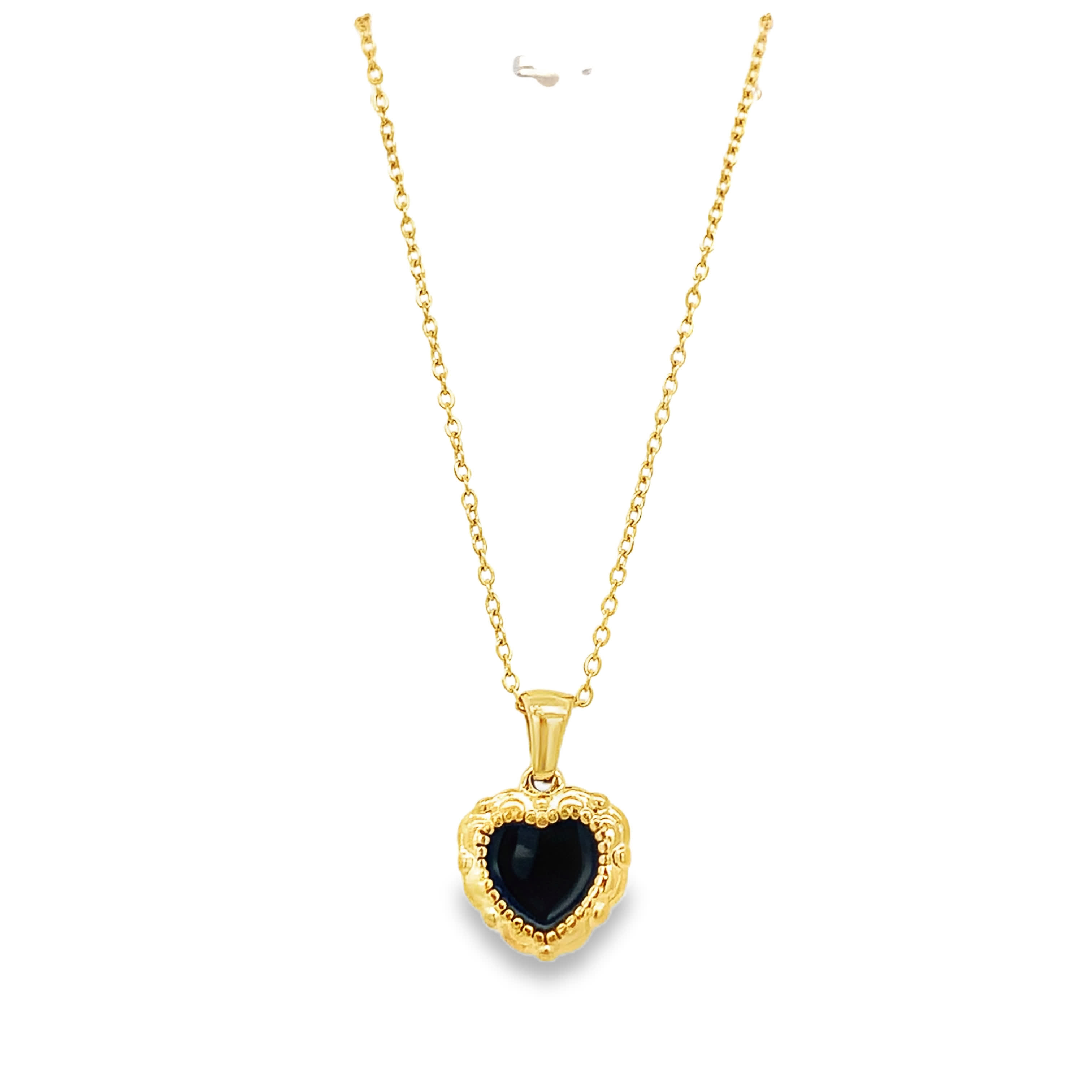 Yellow Gold Charm Necklace with Heart Shaped Onyx Cabochon