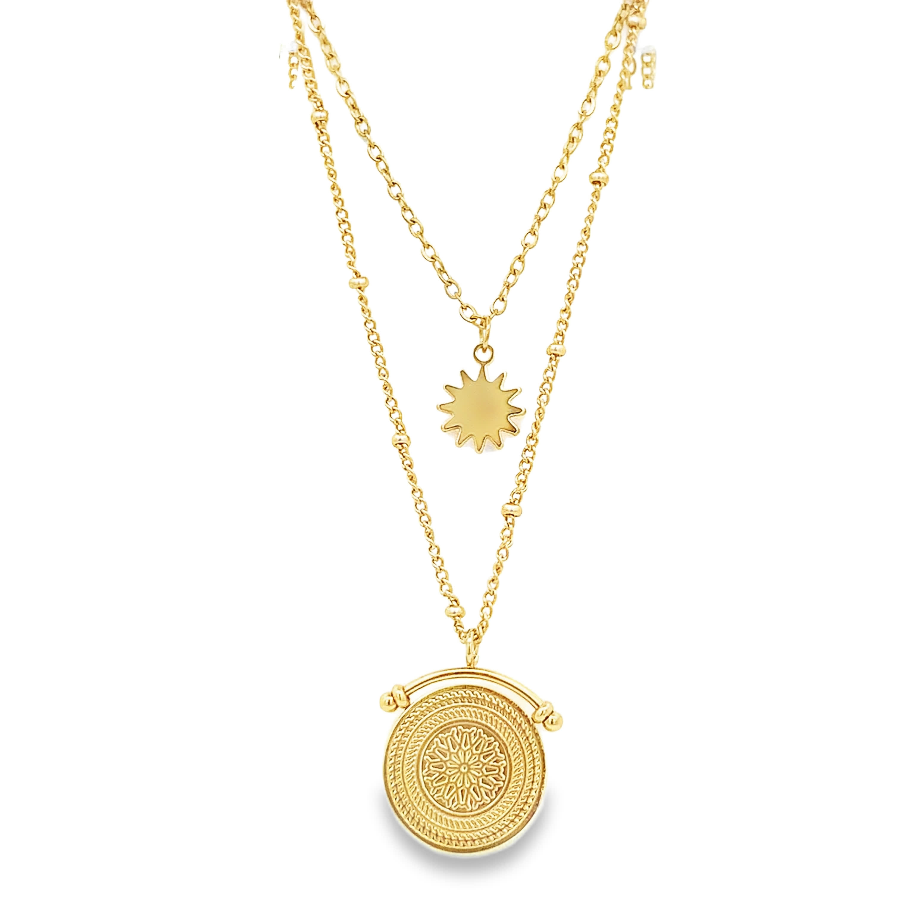 Yellow Gold Layered Necklace with Sun and Medallion Pendants