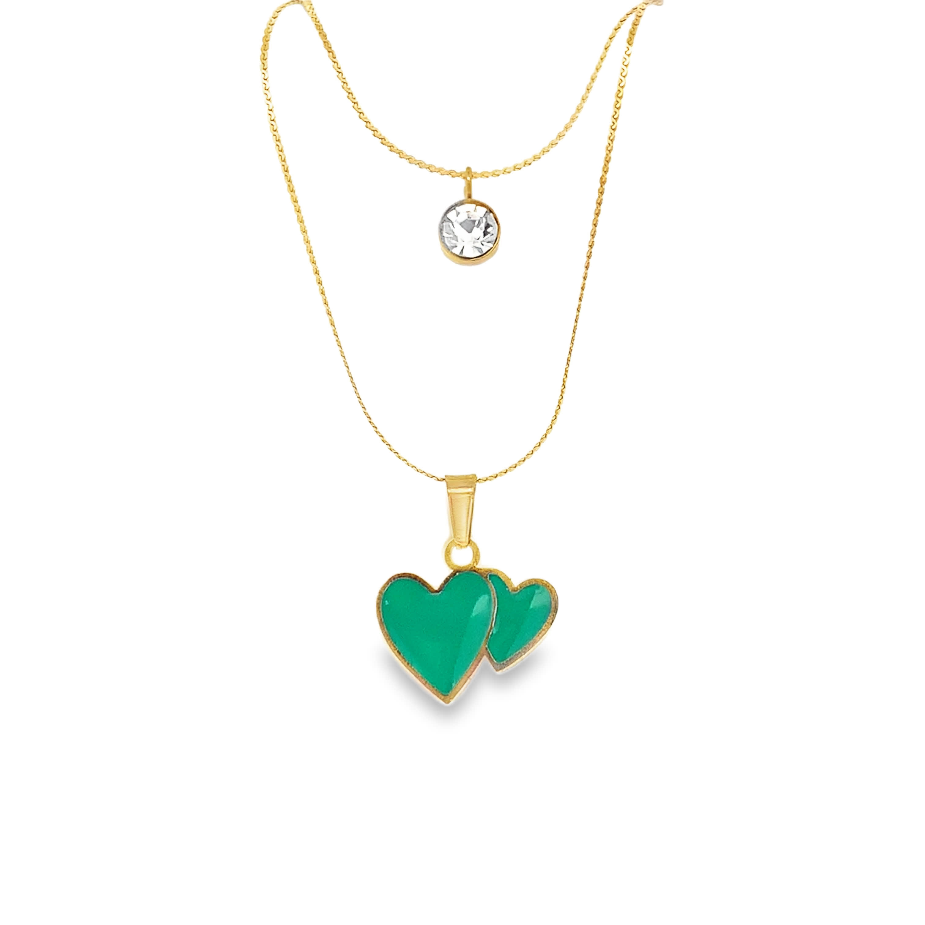 Yellow Gold Layered Necklace with Green and Clear Crystals