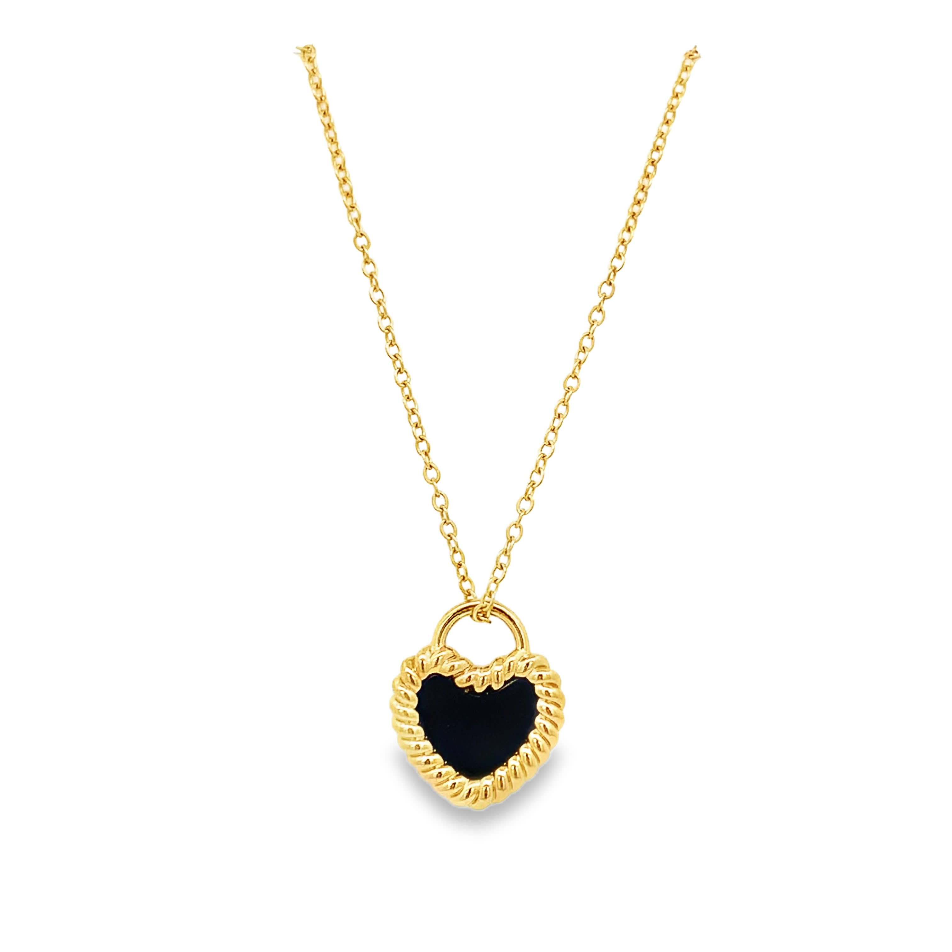 Yellow Gold Charm Necklace with Heart Shaped Onyx Pendant