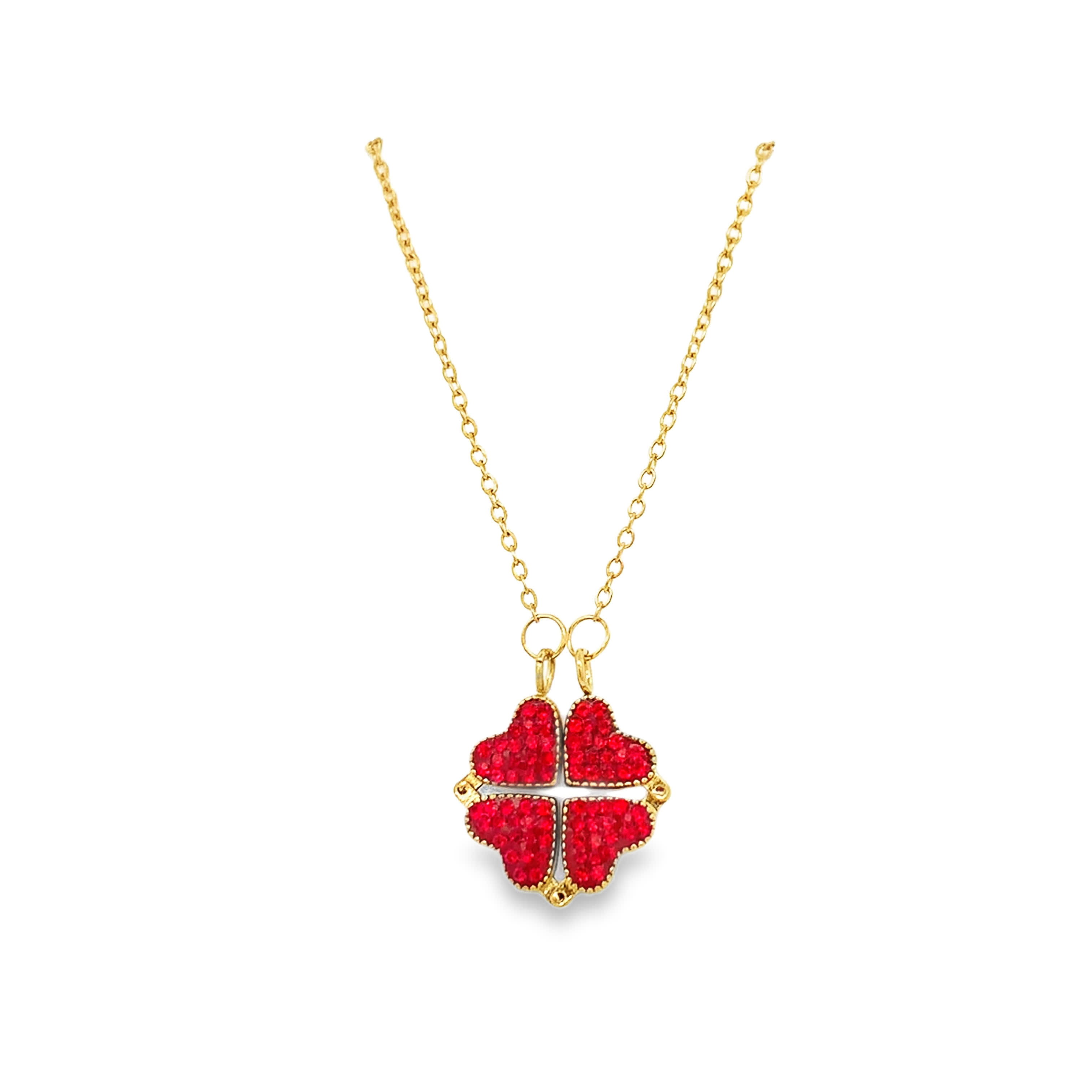 Yellow Gold Charm Necklace with Heart Shaped Ruby Clover Pendant