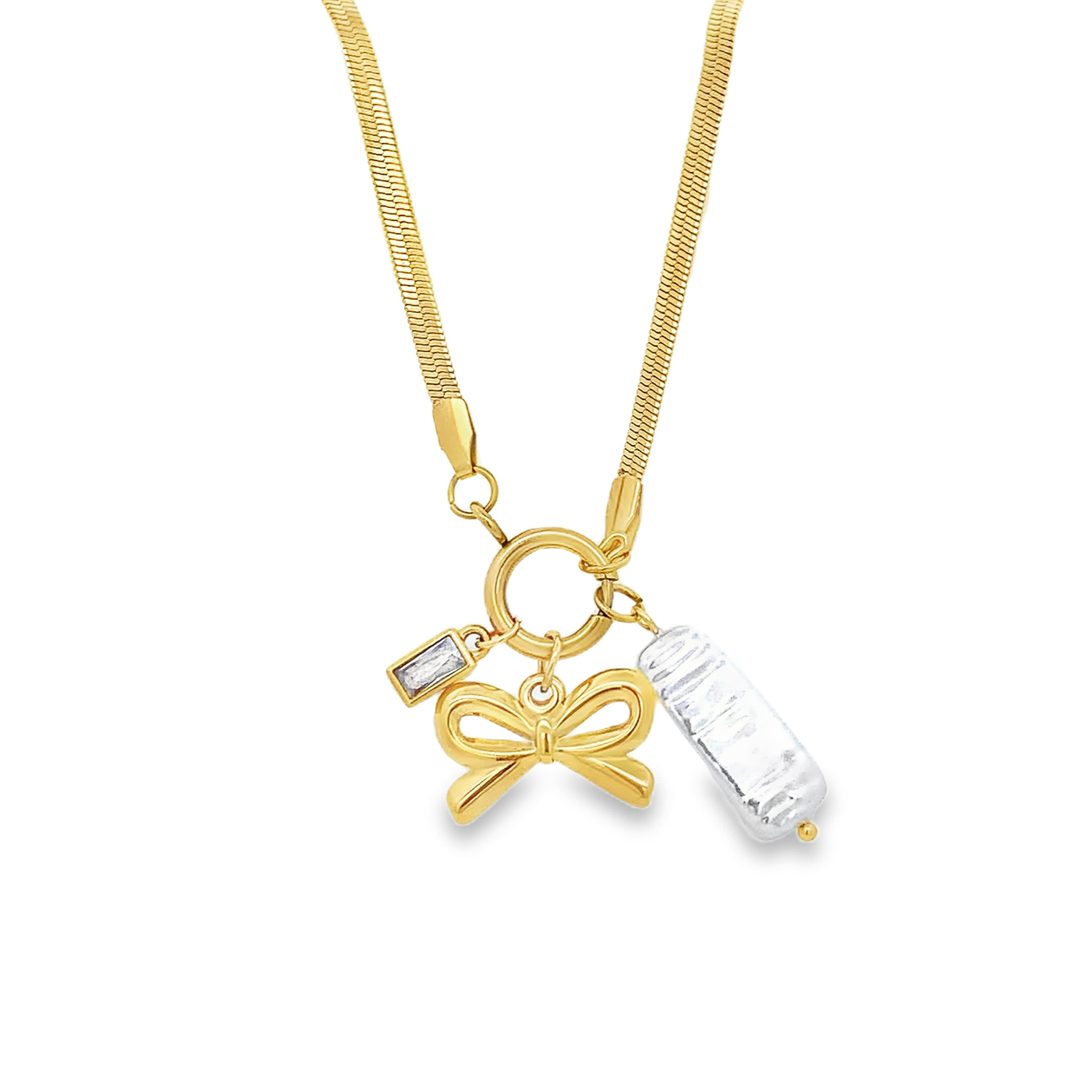 Yellow Gold Charm Necklace with Baroque Crystal