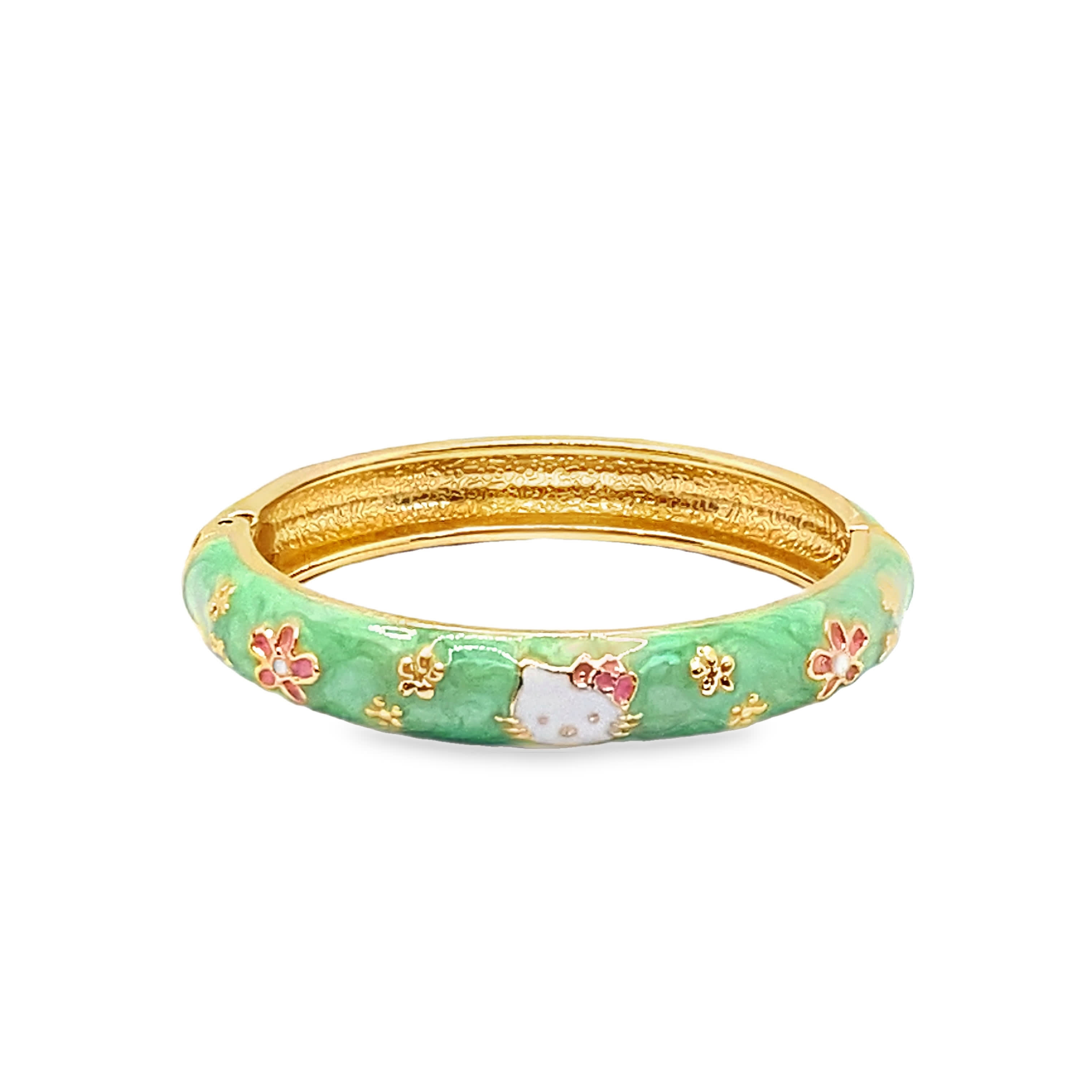 Bransoletka emaliowana w kolorze miętowo-zielonym z motywem Hello Kitty w żółtej stali