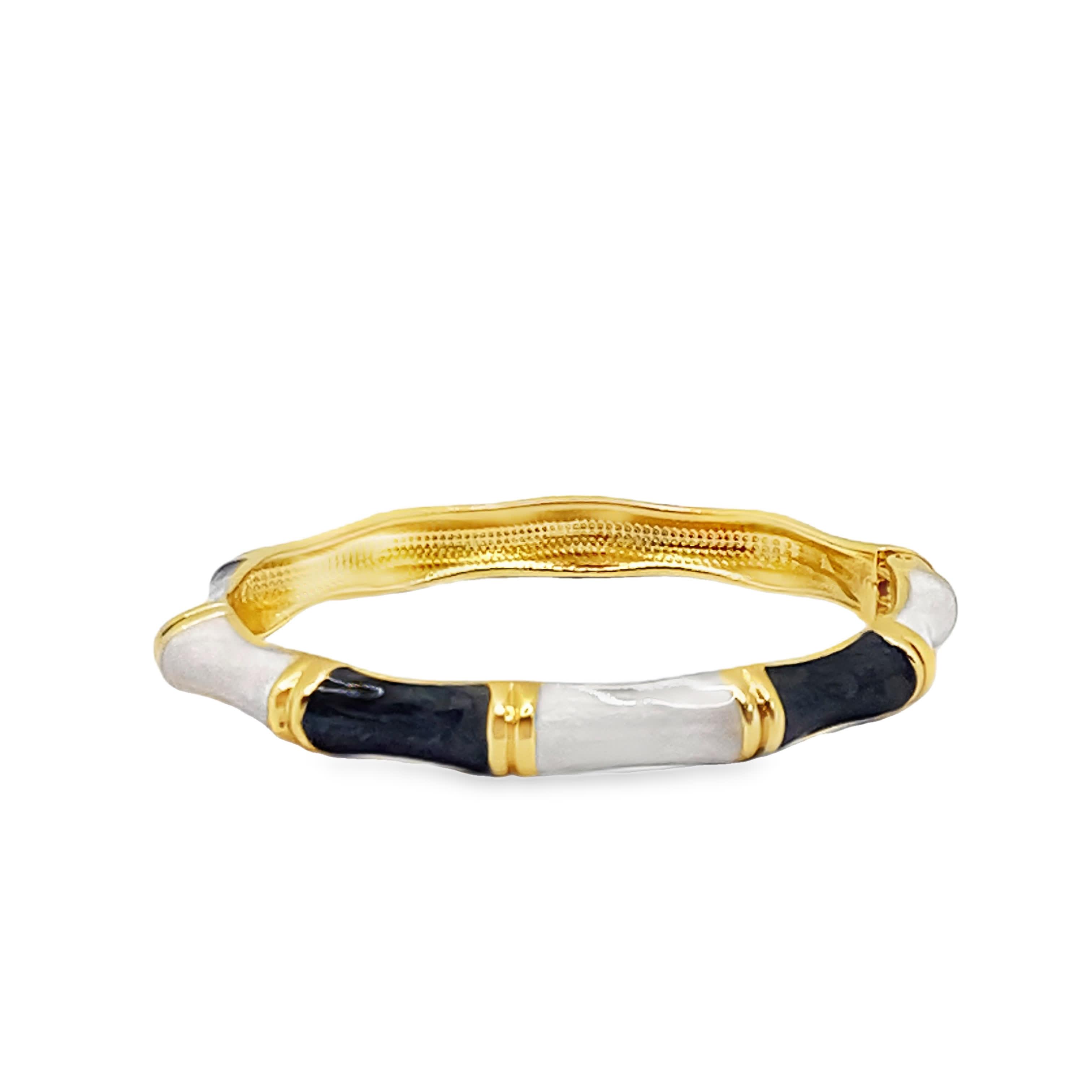 Czarno-kremowa emaliowana bransoletka bambusowa w żółtej stali