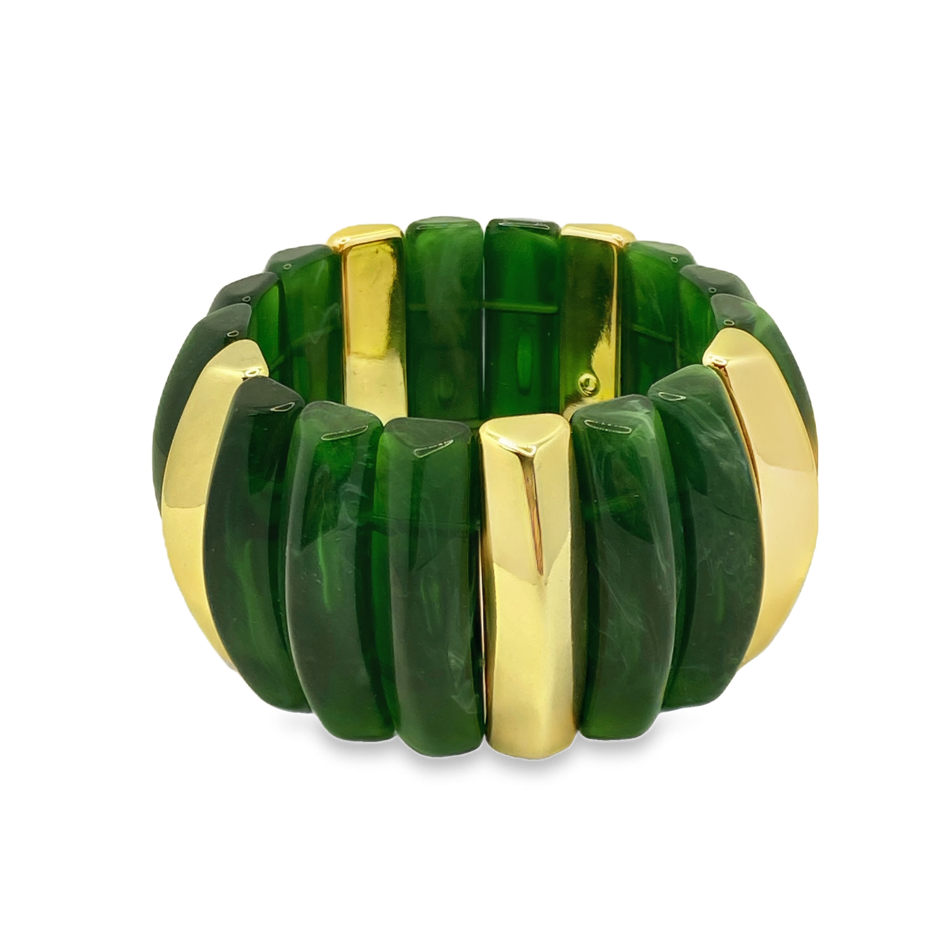 Wyrazista bransoletka w odcieniach szmaragdowej zieleni i żółtego metalu