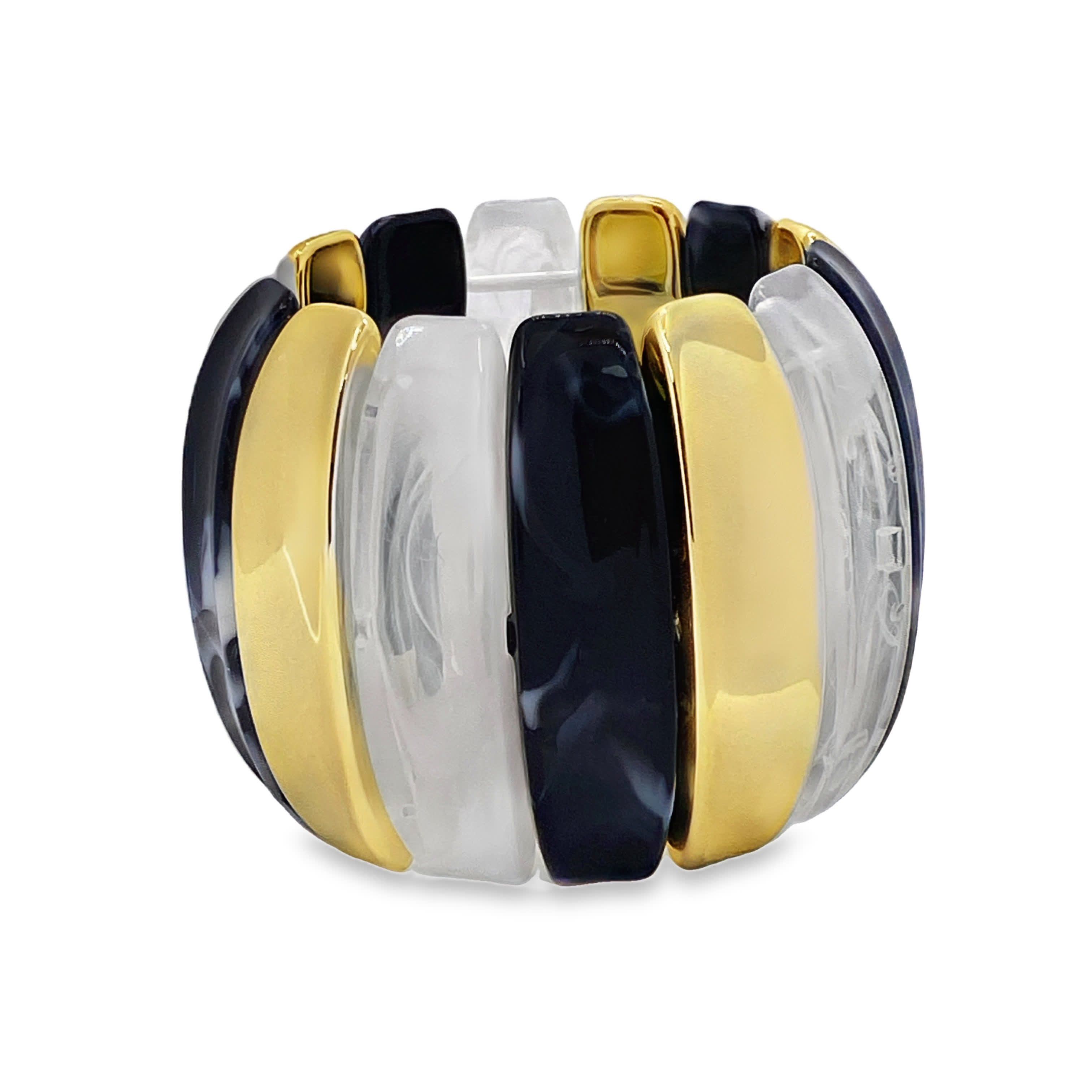 Nowoczesna, segmentowana, elastyczna bransoletka w odcieniach czerni, przezroczystości i złocona