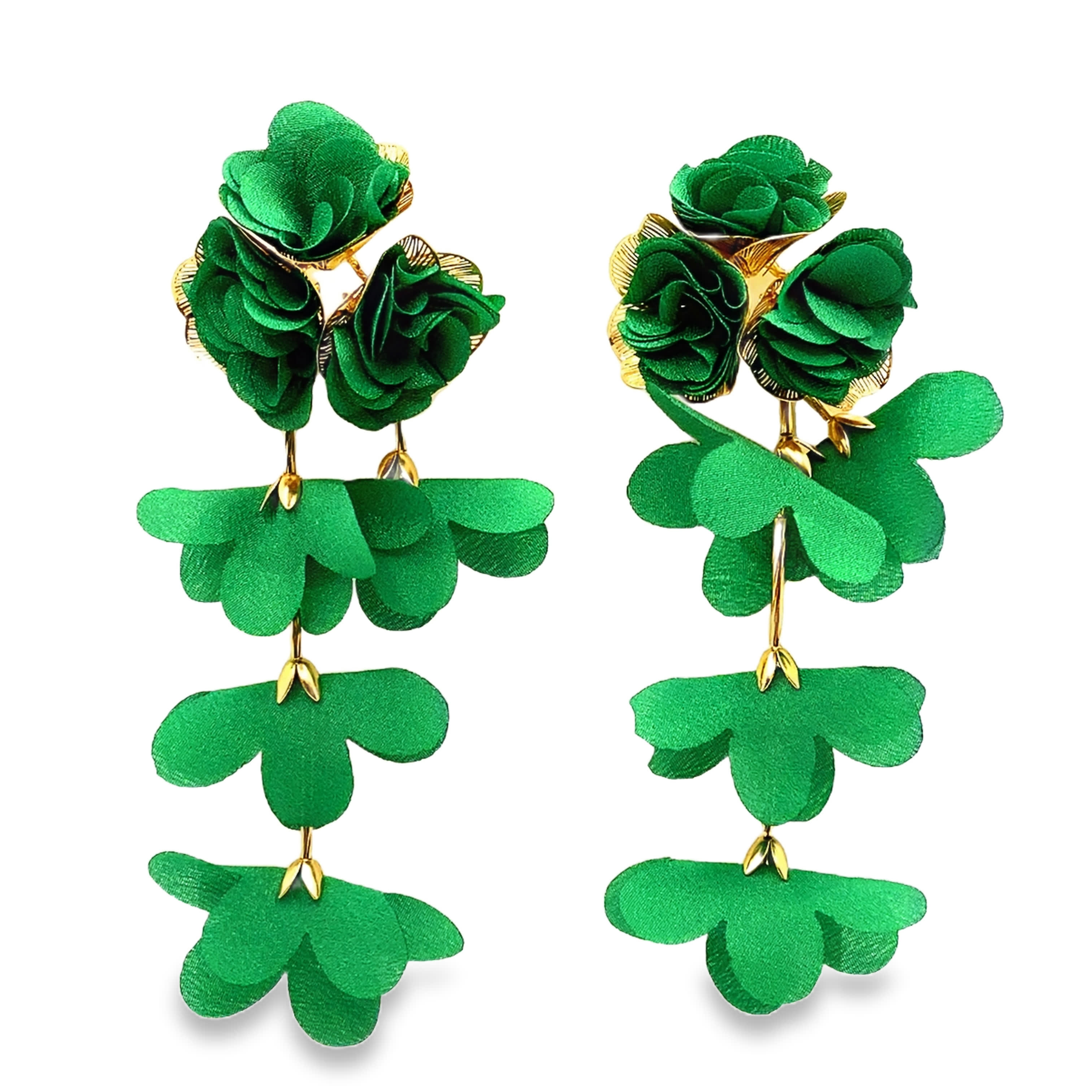Złote wiszące kolczyki z materiału w kolorze zielonym z kwiatowym wzorem