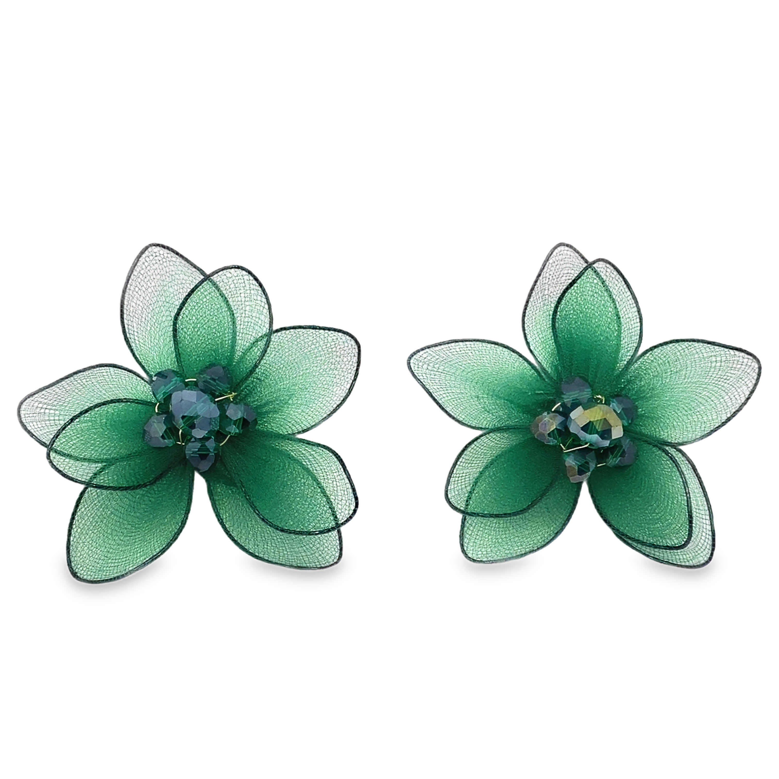 Ręcznie robione kolczyki z zielonymi kryształkami i kwiatami