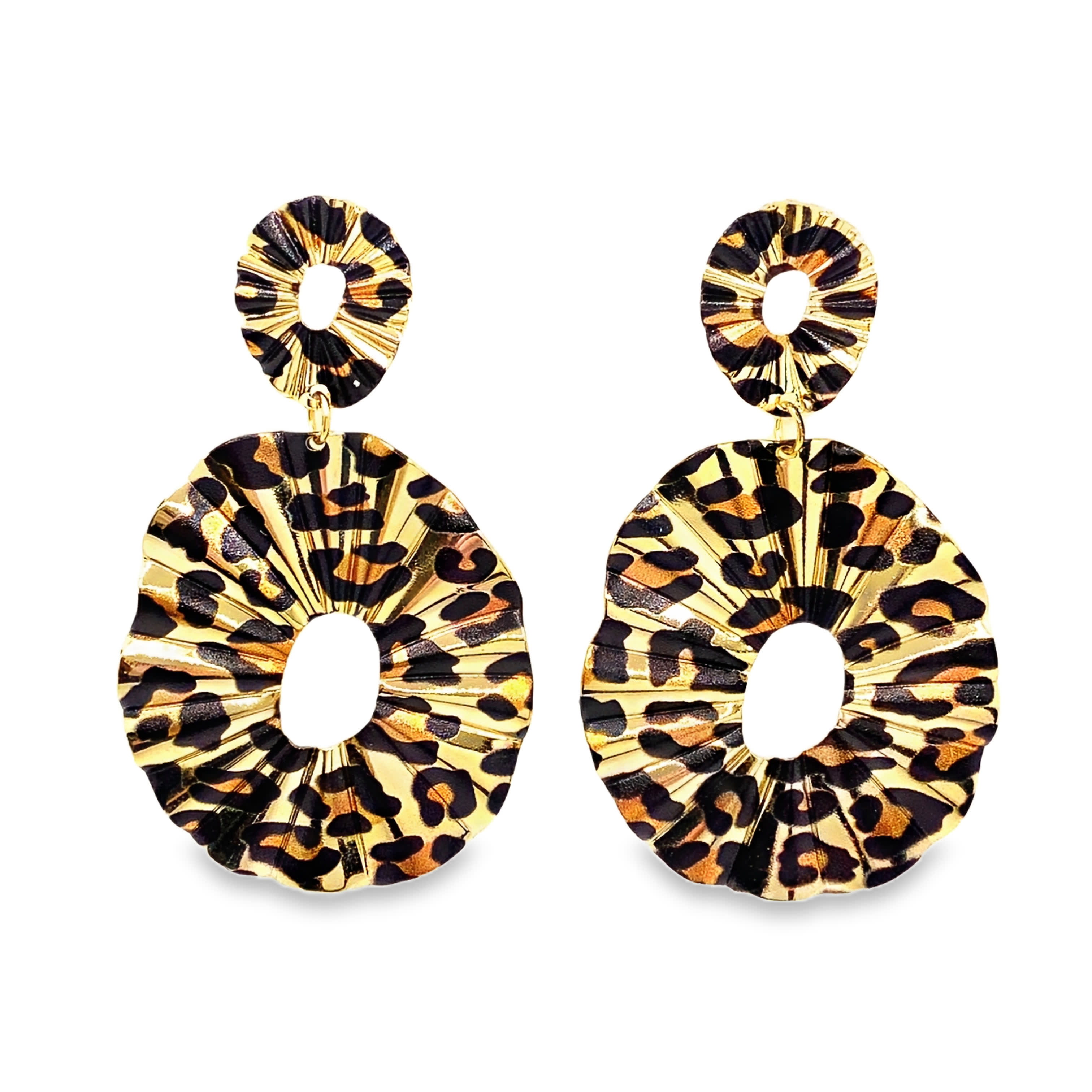 Wyraziste wiszące kolczyki z żółtego złota z nadrukiem w panterkę