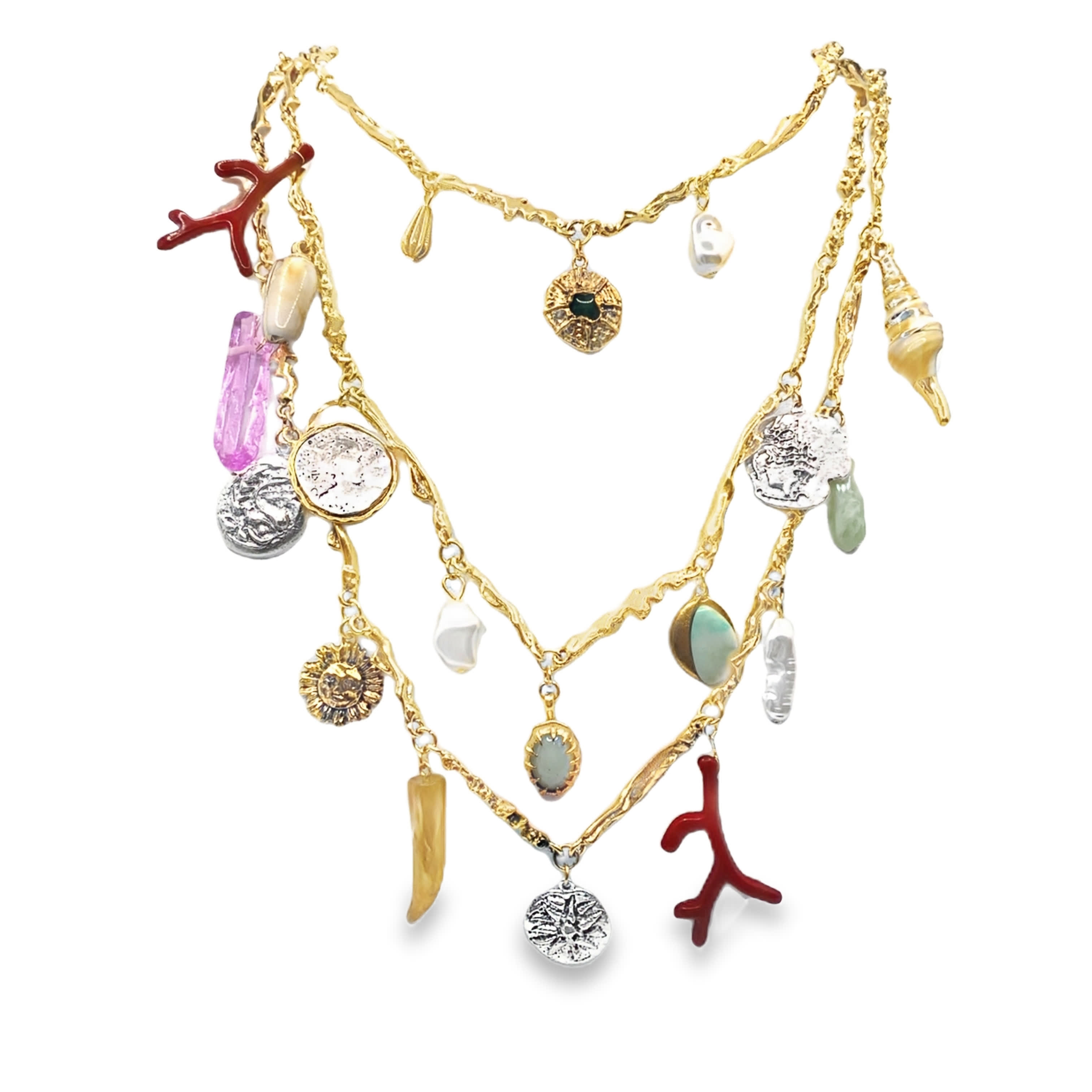 Naszyjnik z trzema pasmami perł barokowych z żółtego złota