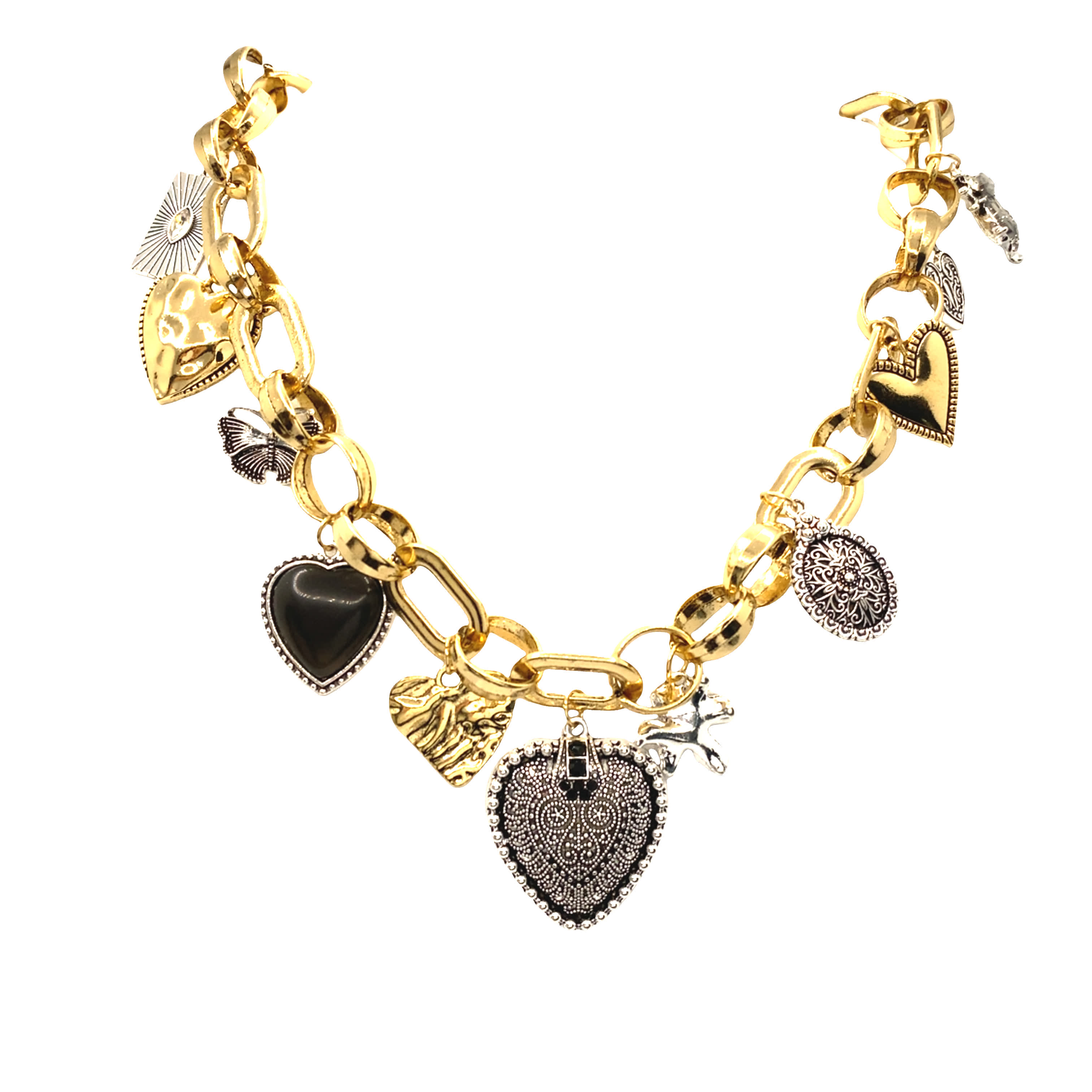 Naszyjnik z żółtego złota z zawieszkami i różnymi zawieszkami