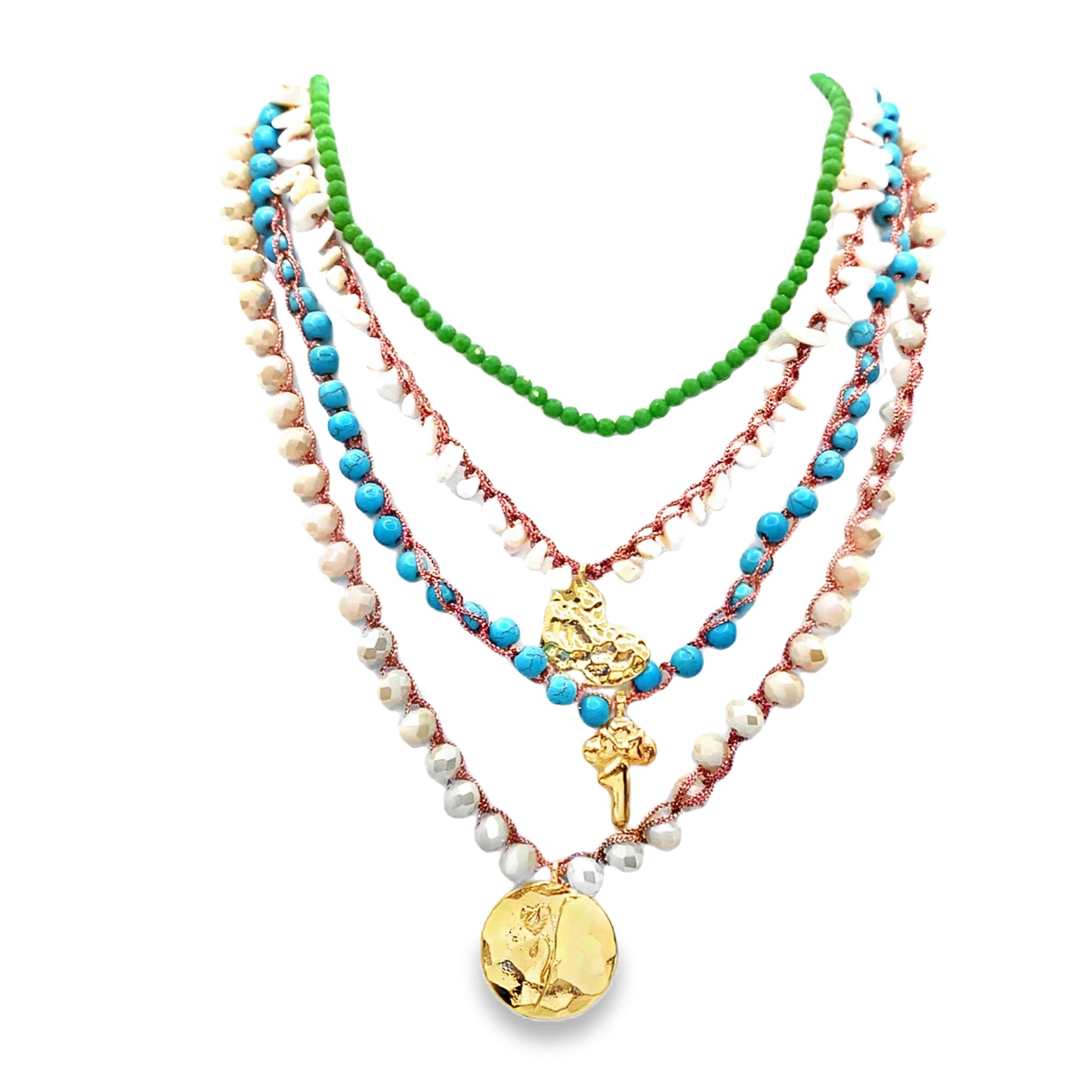 Turkusowy naszyjnik z koralikami i żółtymi złotymi wisiorkami