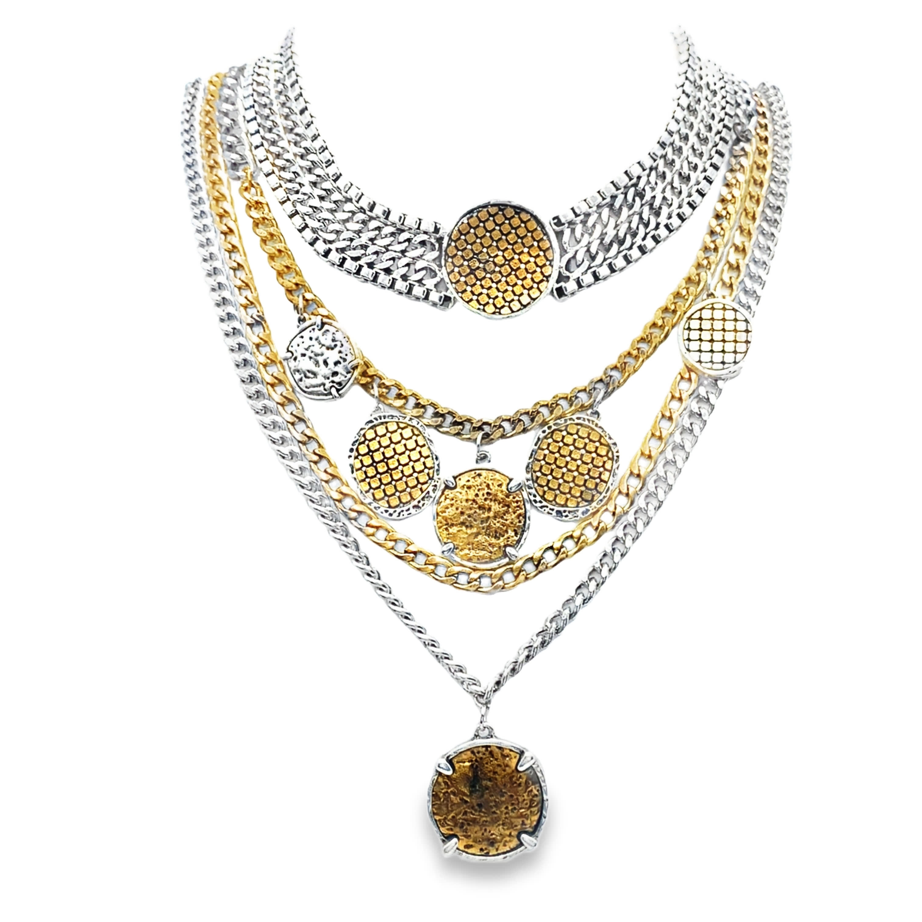 Dwukolorowy naszyjnik warstwowy z zawieszkami w kształcie medalionów