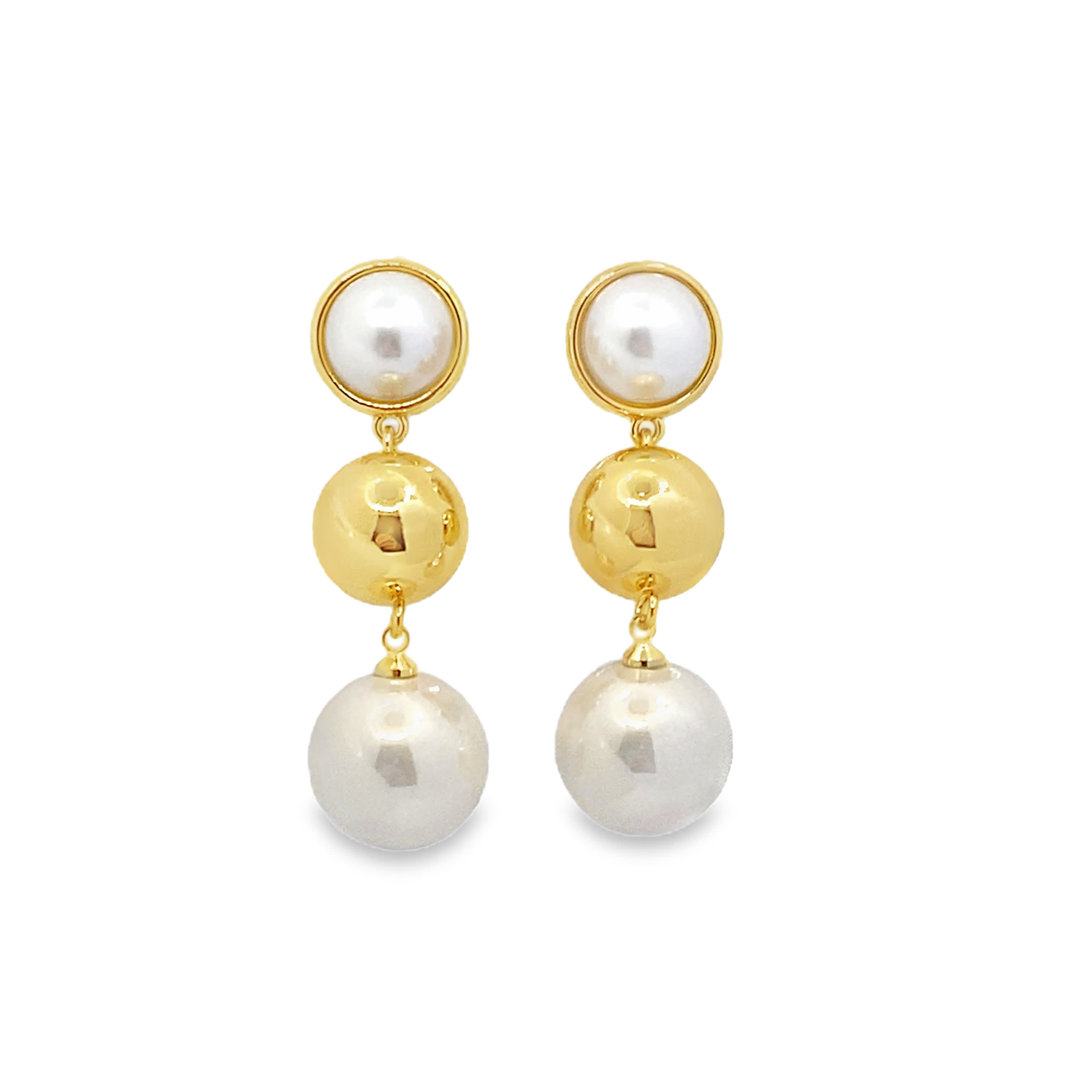 Kolczyki wiszące z żółtego złota z okrągłymi perłowymi kaboszonami