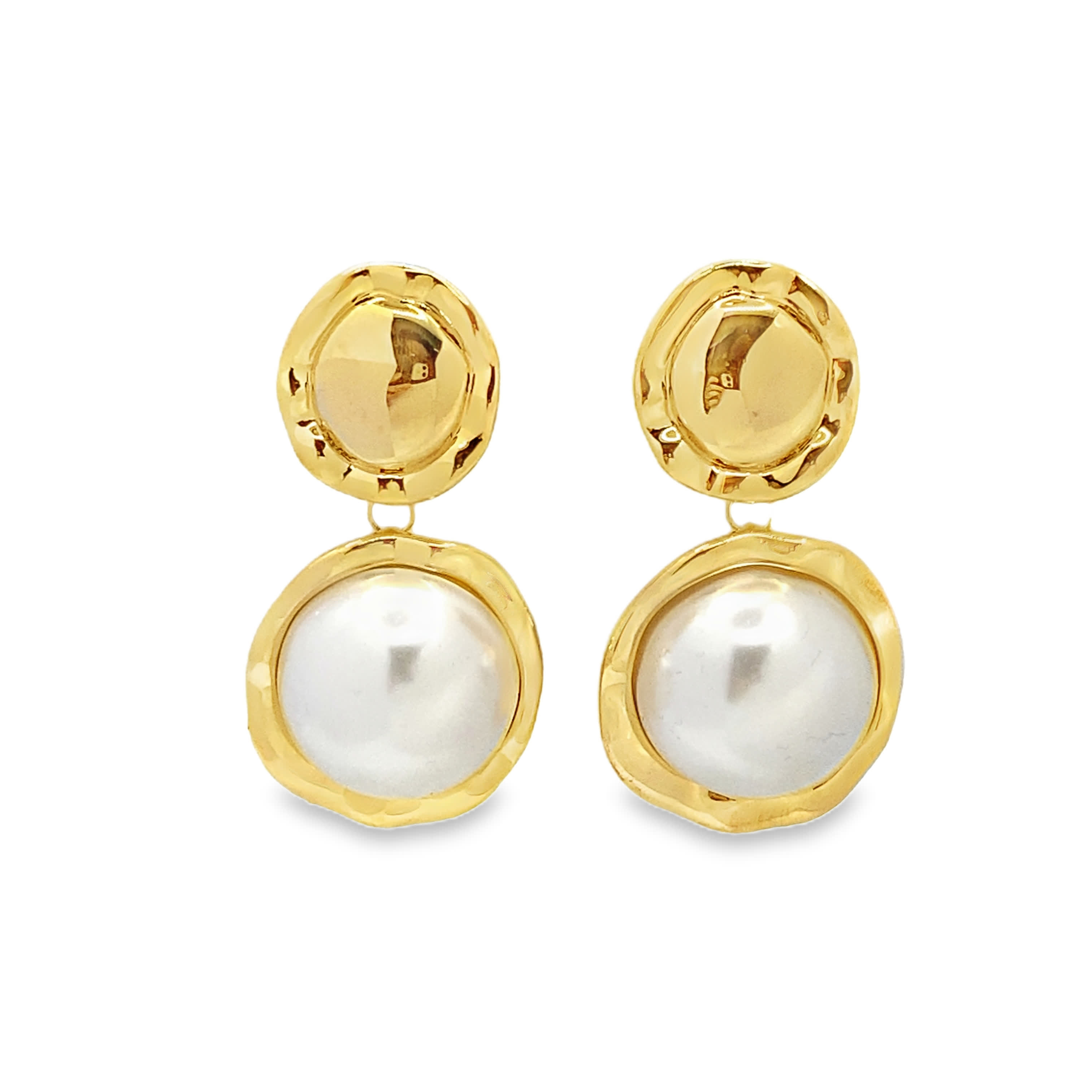Kolczyki wiszące z żółtego złota z okrągłą perłą kaboszonową