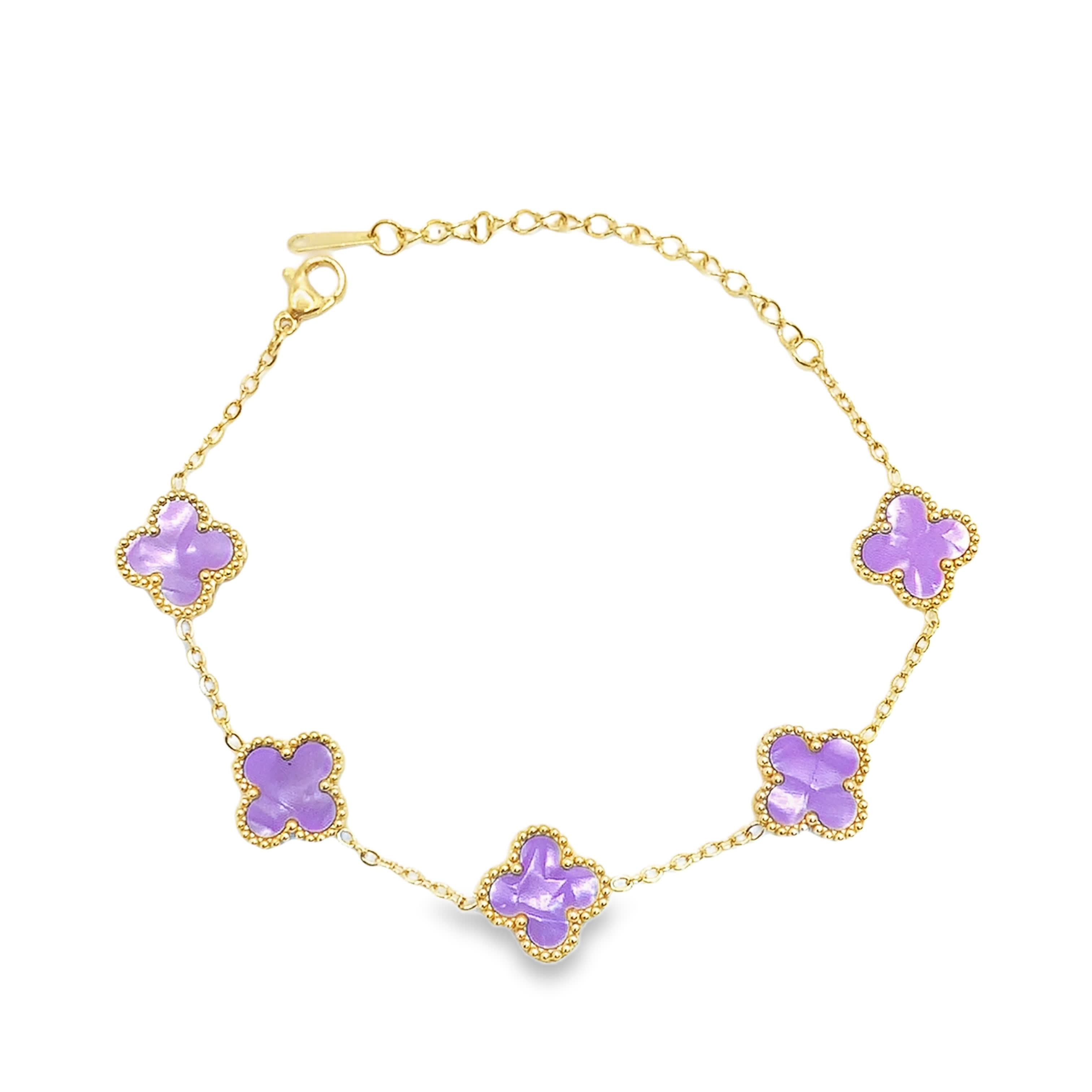 Bransoletka z żółtego złota z zawieszkami w kształcie koniczyny ametystowej