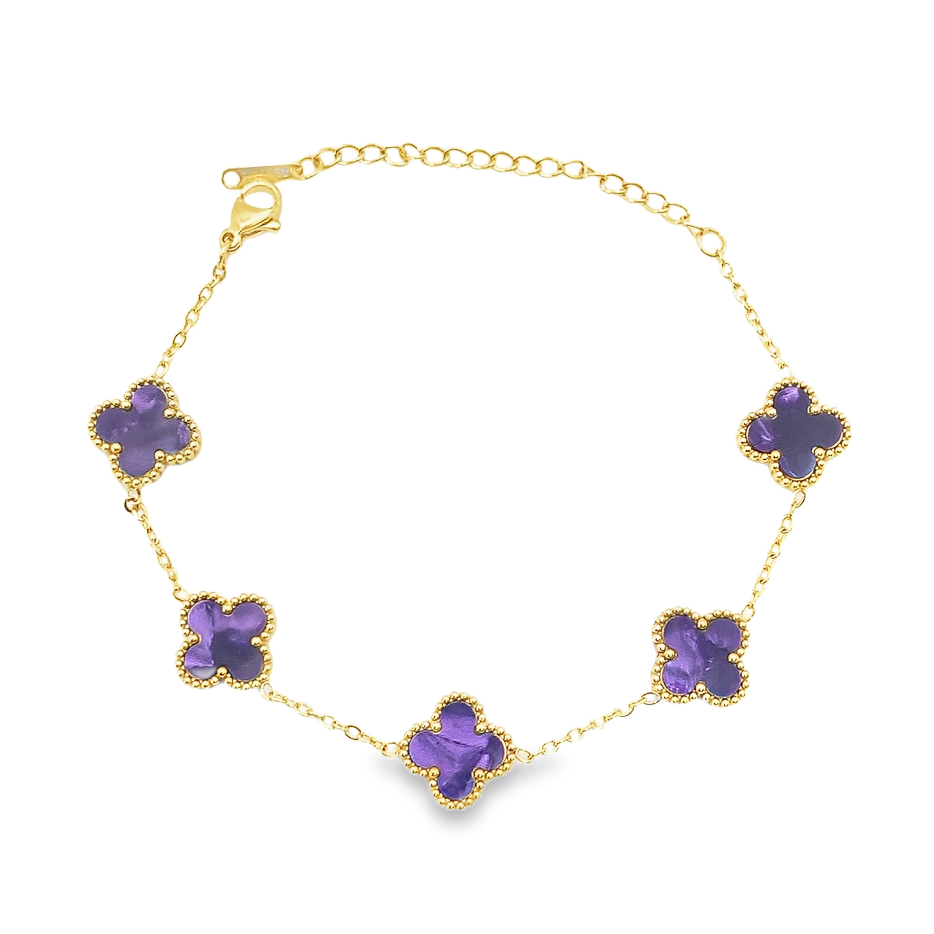 Bransoletka z zawieszkami z żółtego złota z okrągłymi kaboszonami ametystowymi