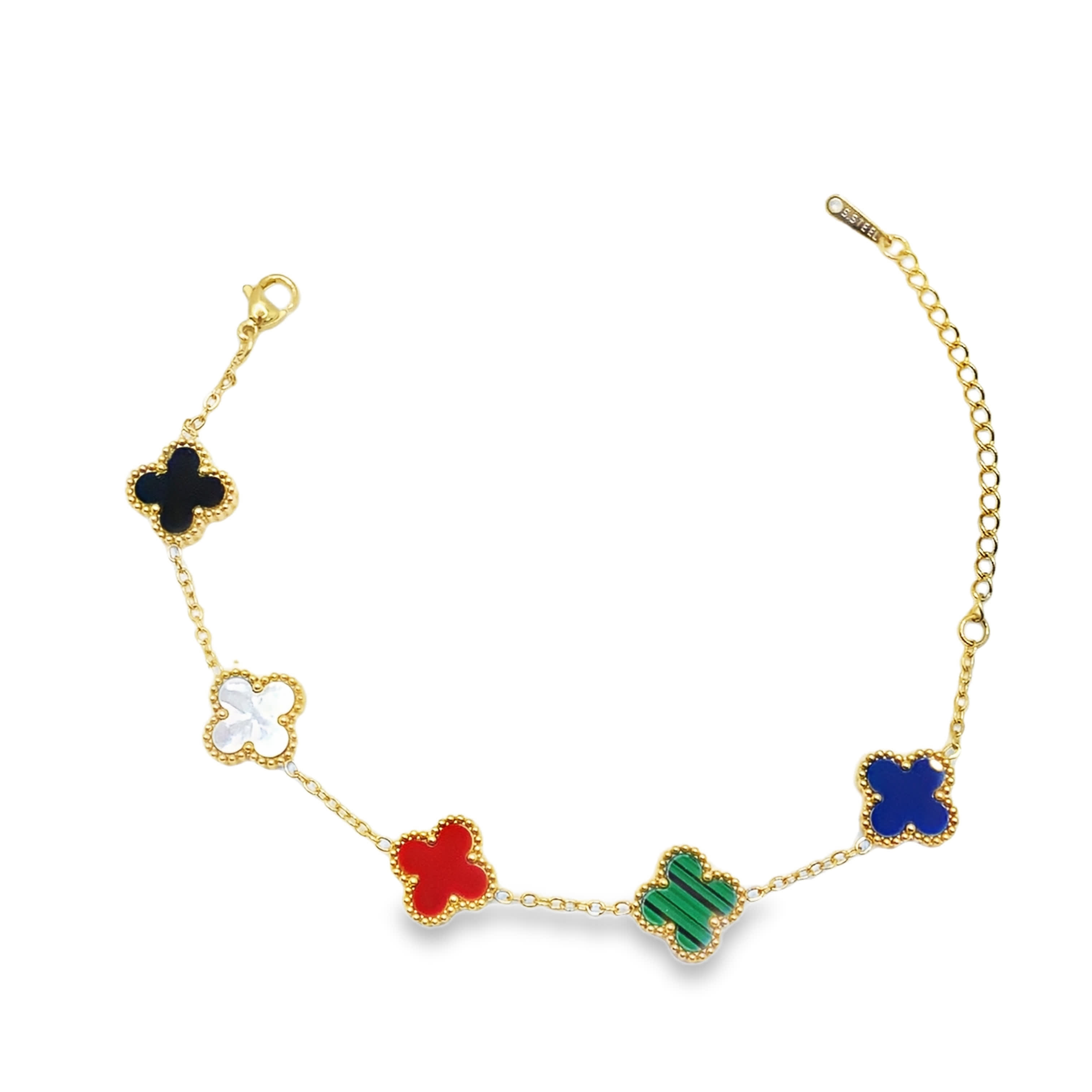 Bransoletka z żółtego złota z zawieszkami w kształcie wielokolorowej koniczyny