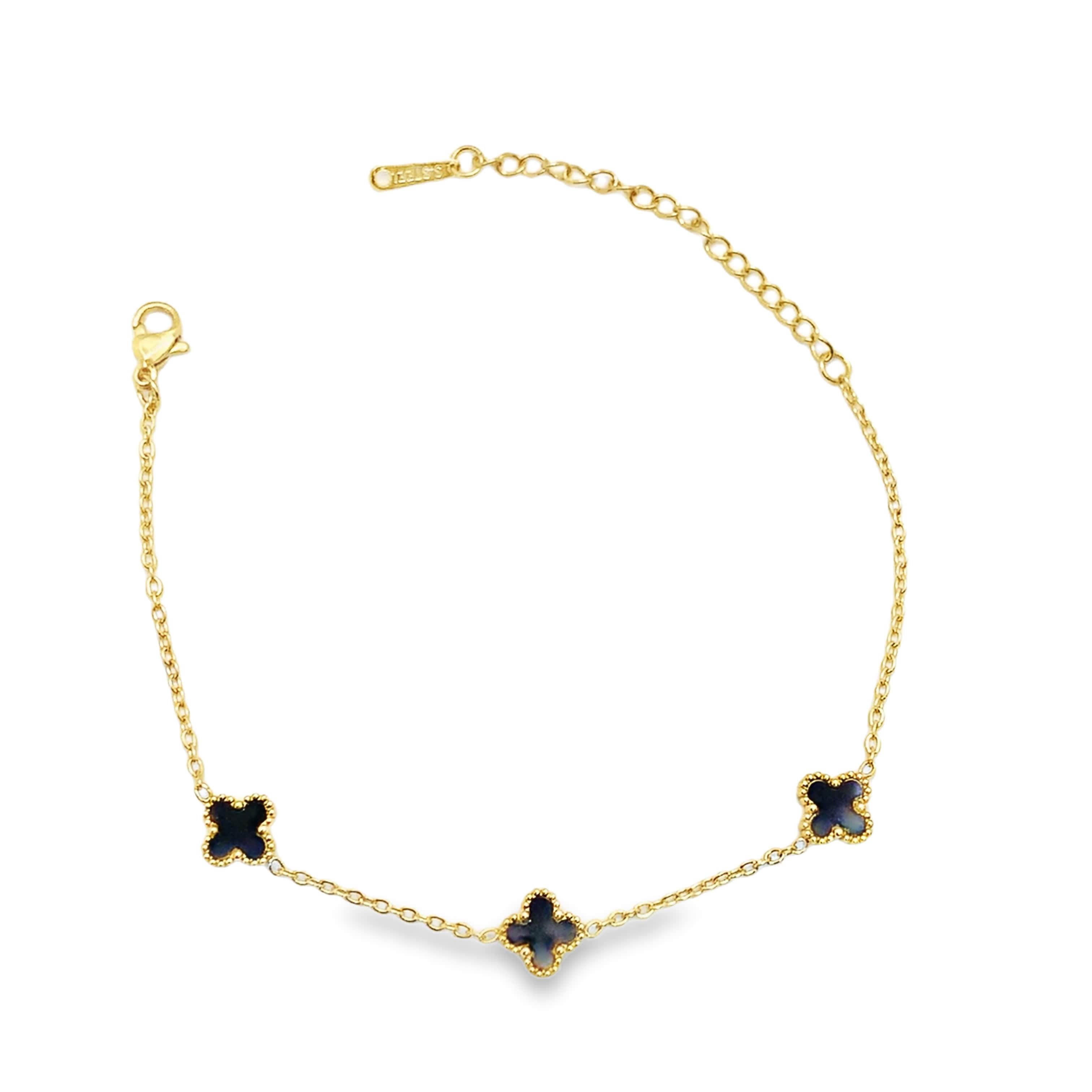 Bransoletka z żółtego złota z łańcuszkiem i akcentami koniczyny i onyksu