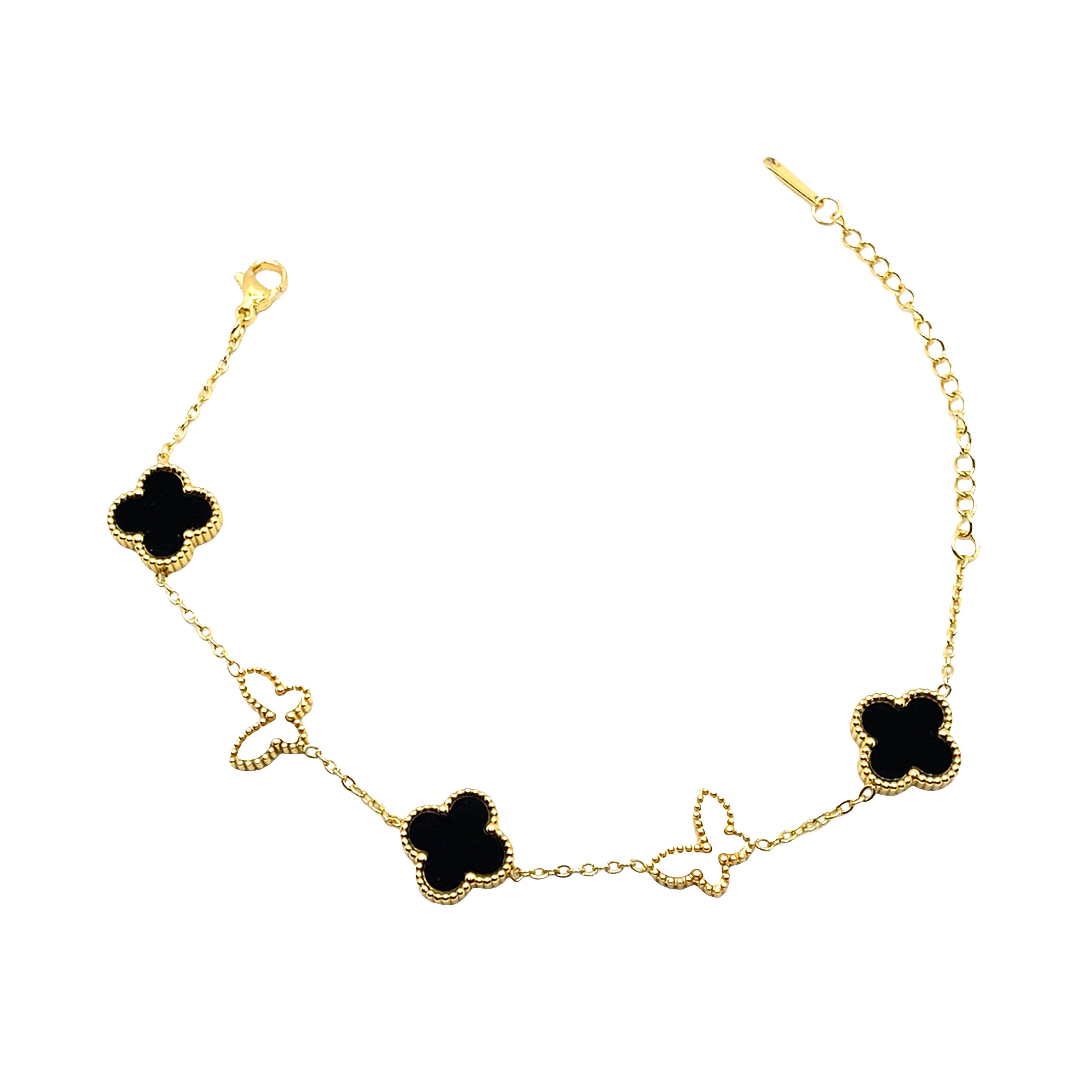 Elegancka bransoletka z żółtego złota z zawieszką koniczyny i motyla