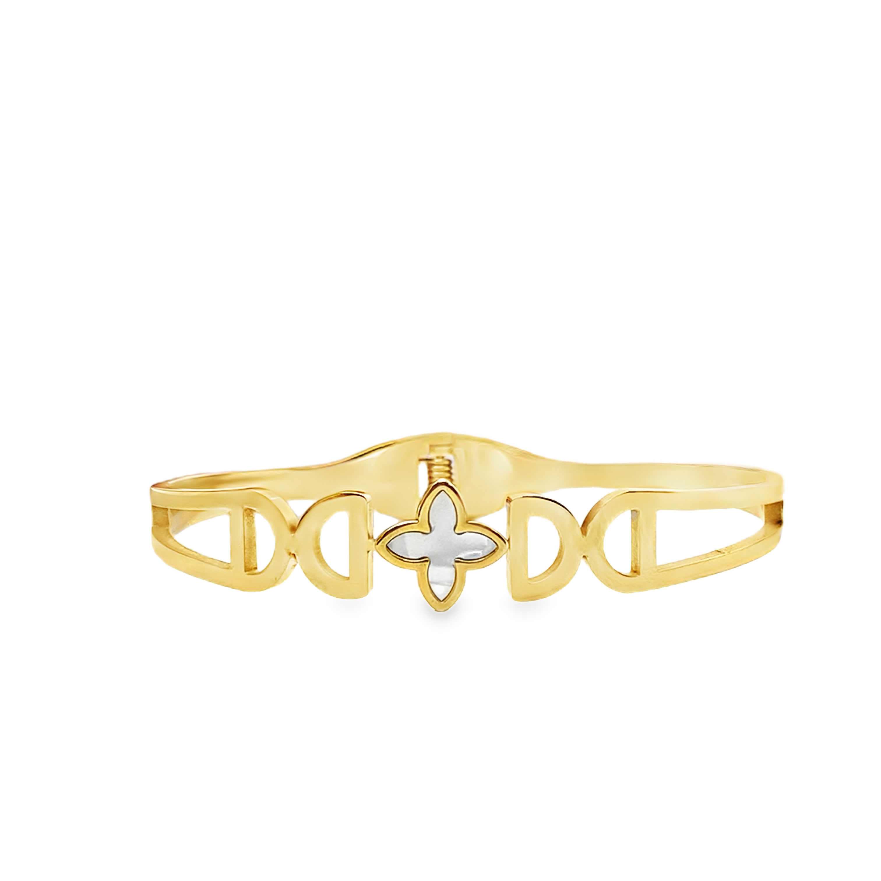 Elegancka bransoletka z żółtego złota z perłowym akcentem koniczyny