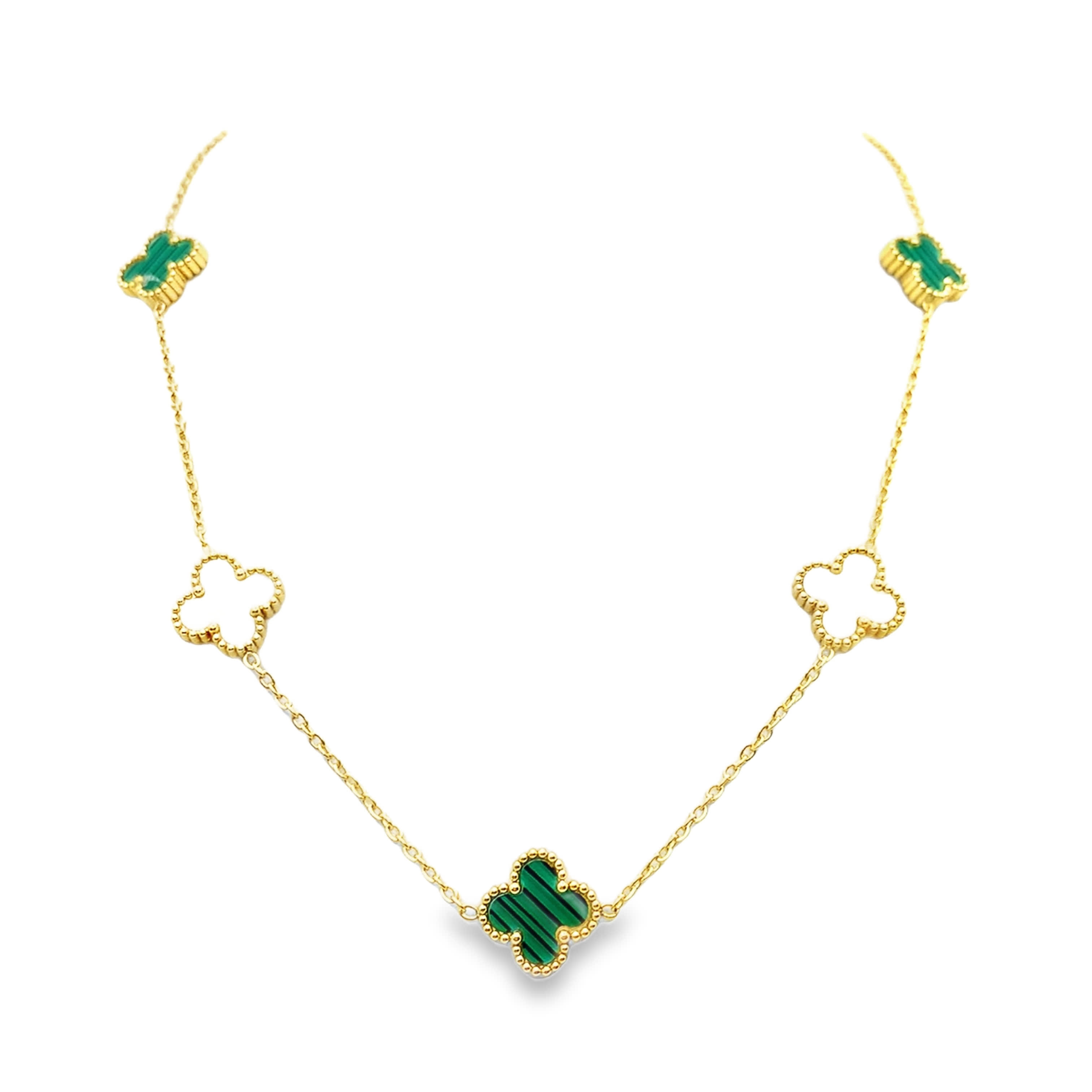 Naszyjnik z żółtego złota z malachitowymi czwórliśćmi