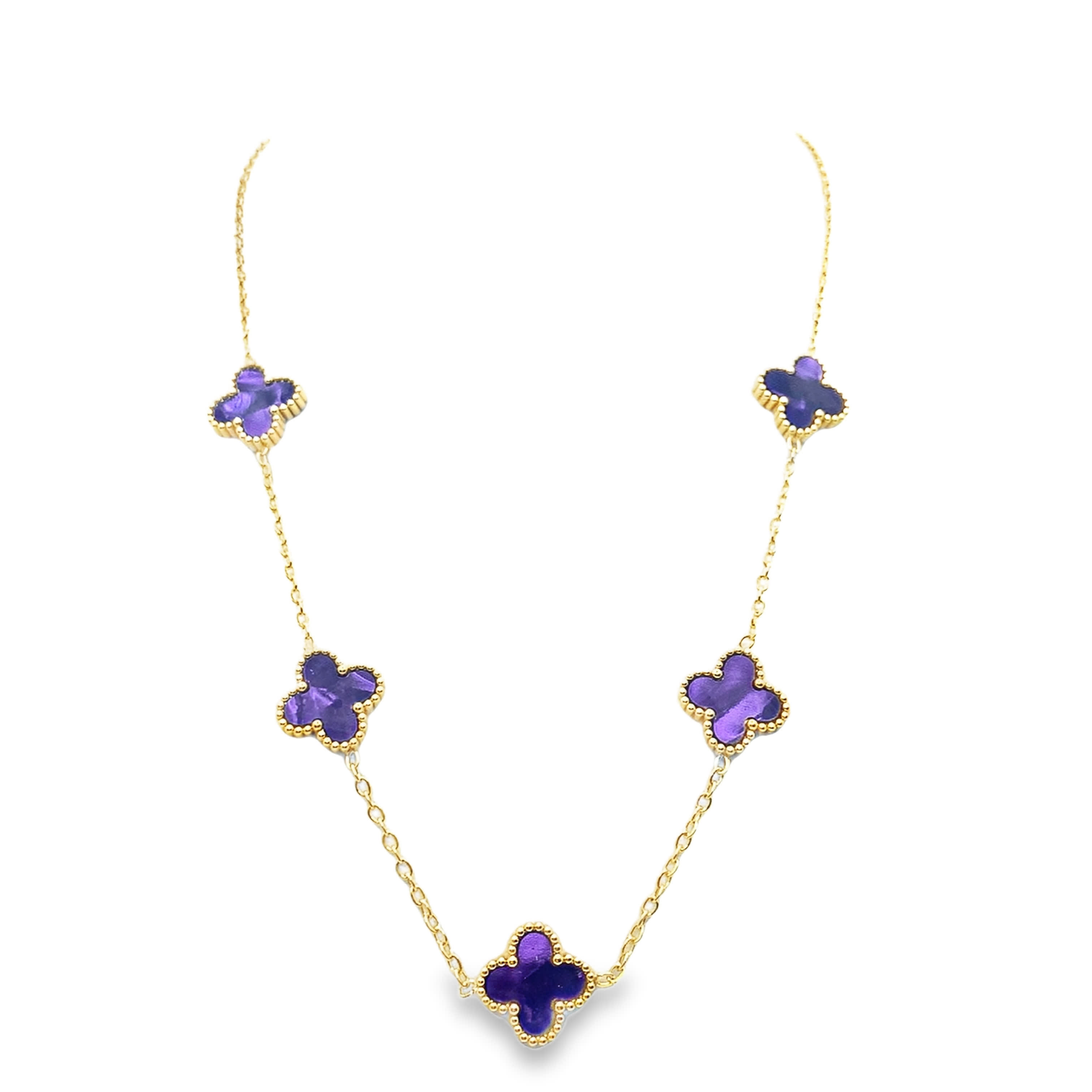 Naszyjnik z żółtego złota z zawieszkami z ametystu w kształcie koniczyny