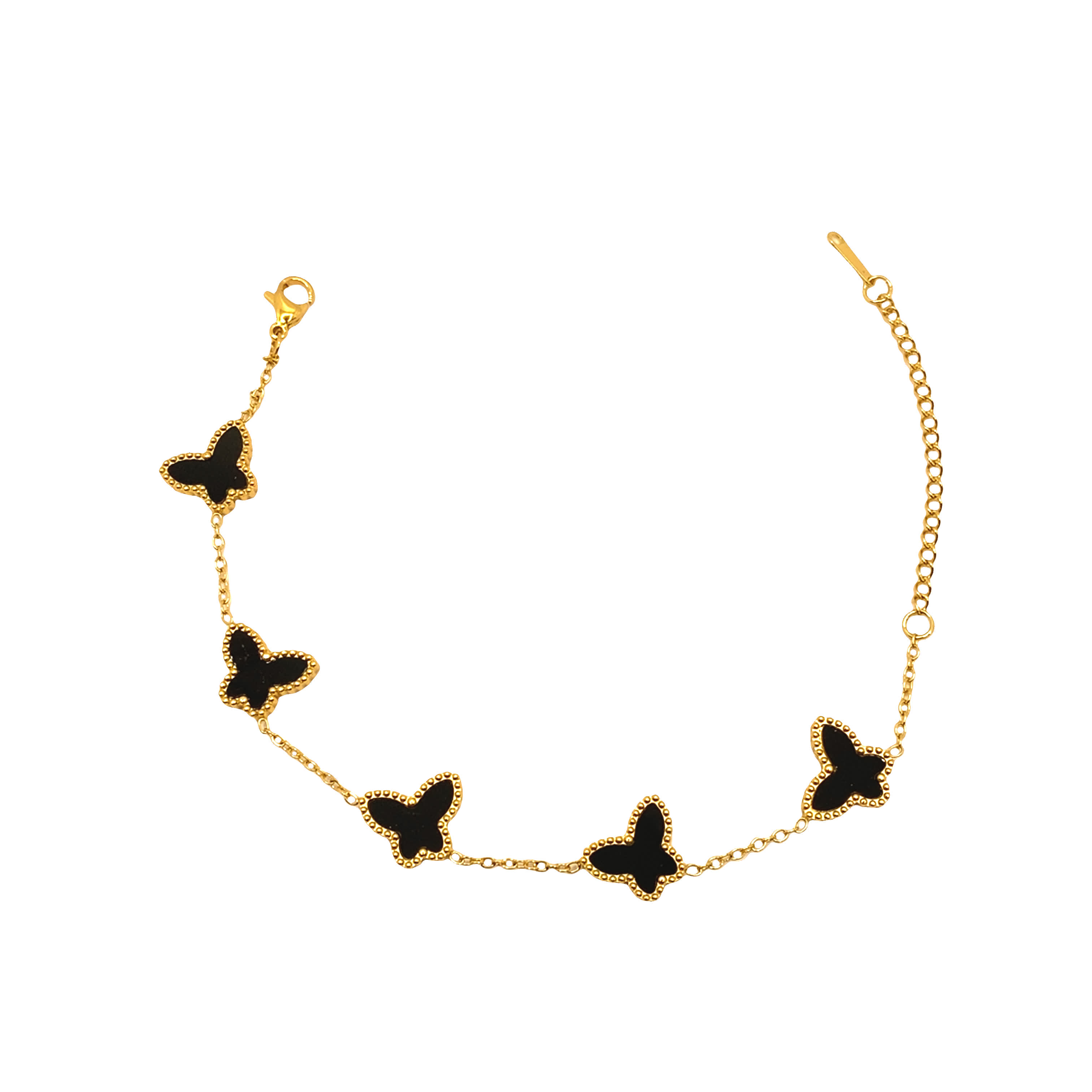 Bransoletka z żółtego złota z zawieszkami w kształcie motyli z onyksu kaboszonowego
