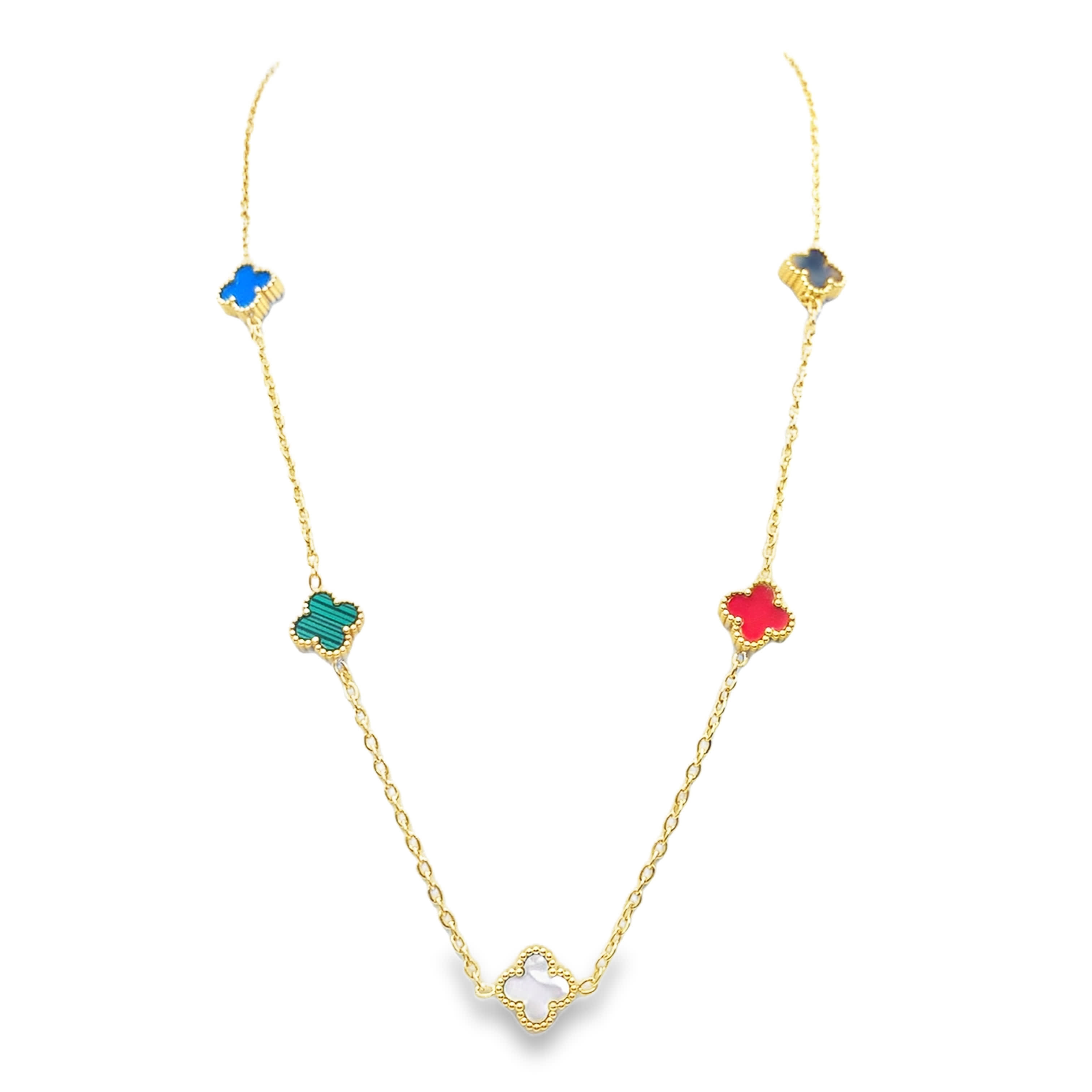 Naszyjnik z żółtego złota z kolorowymi koniczynkami