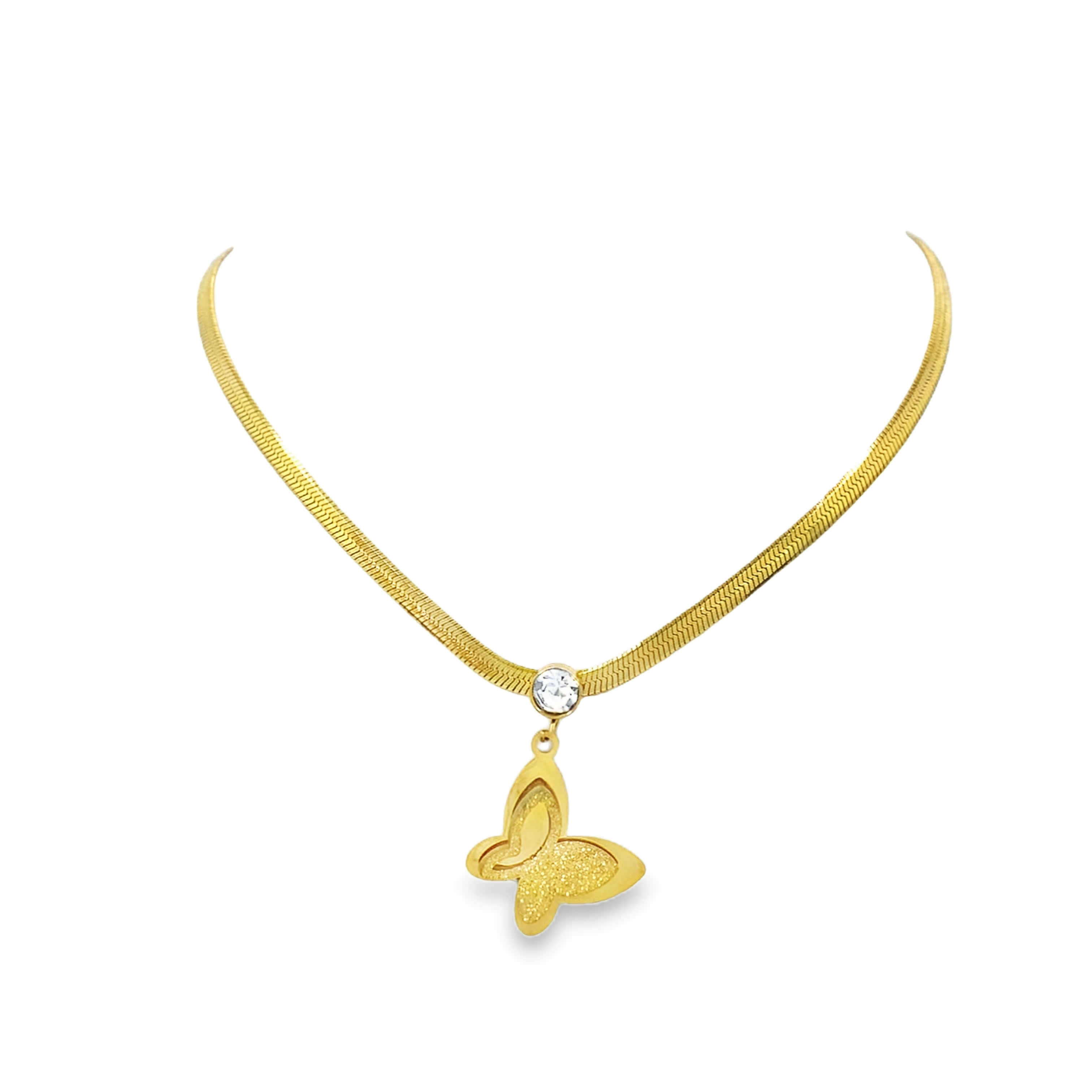 Naszyjnik z żółtego złota w jodełkę z kryształową zawieszką w kształcie motyla
