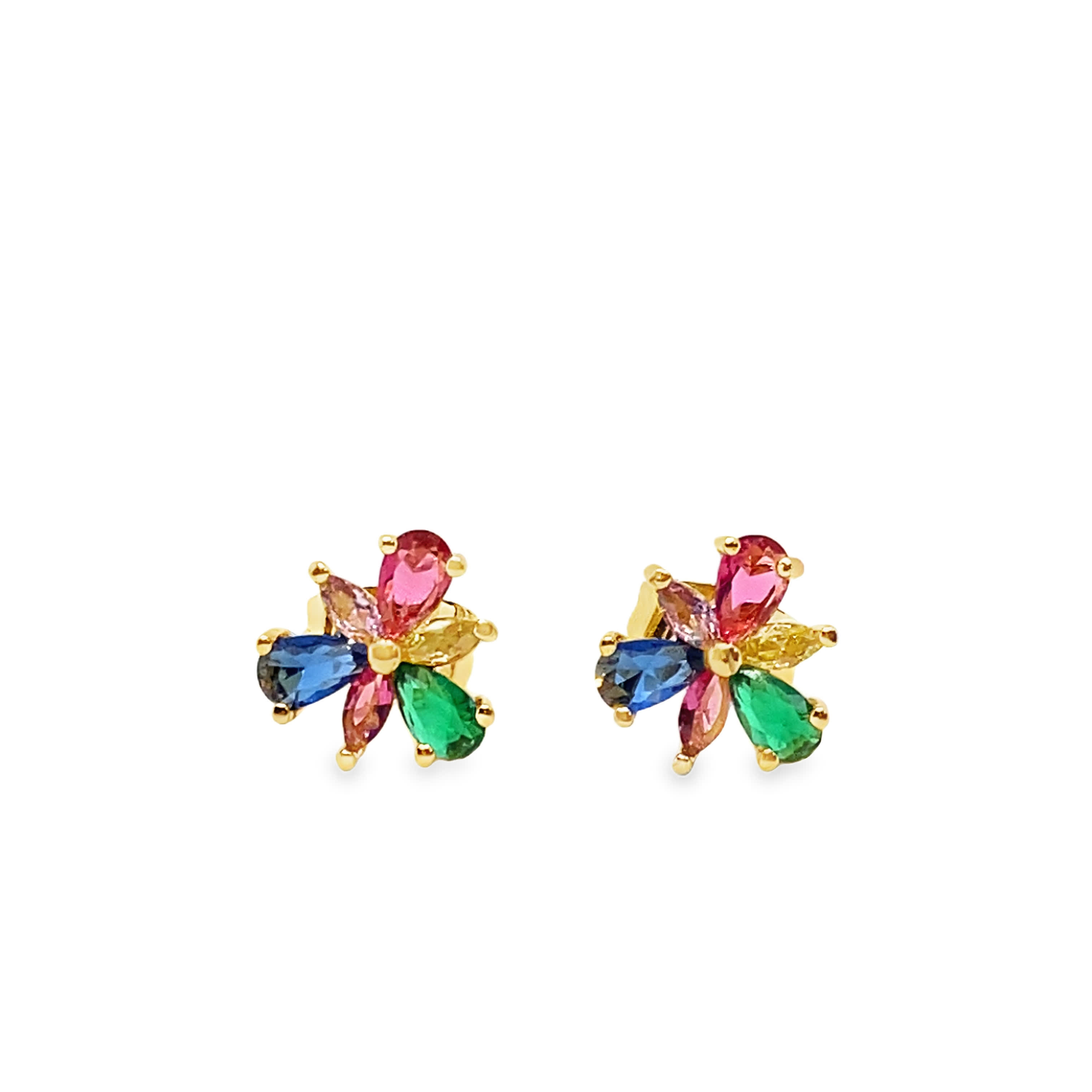 Kolczyki sztyfty z żółtego złota z wielokolorowymi szafirami w kształcie gruszki