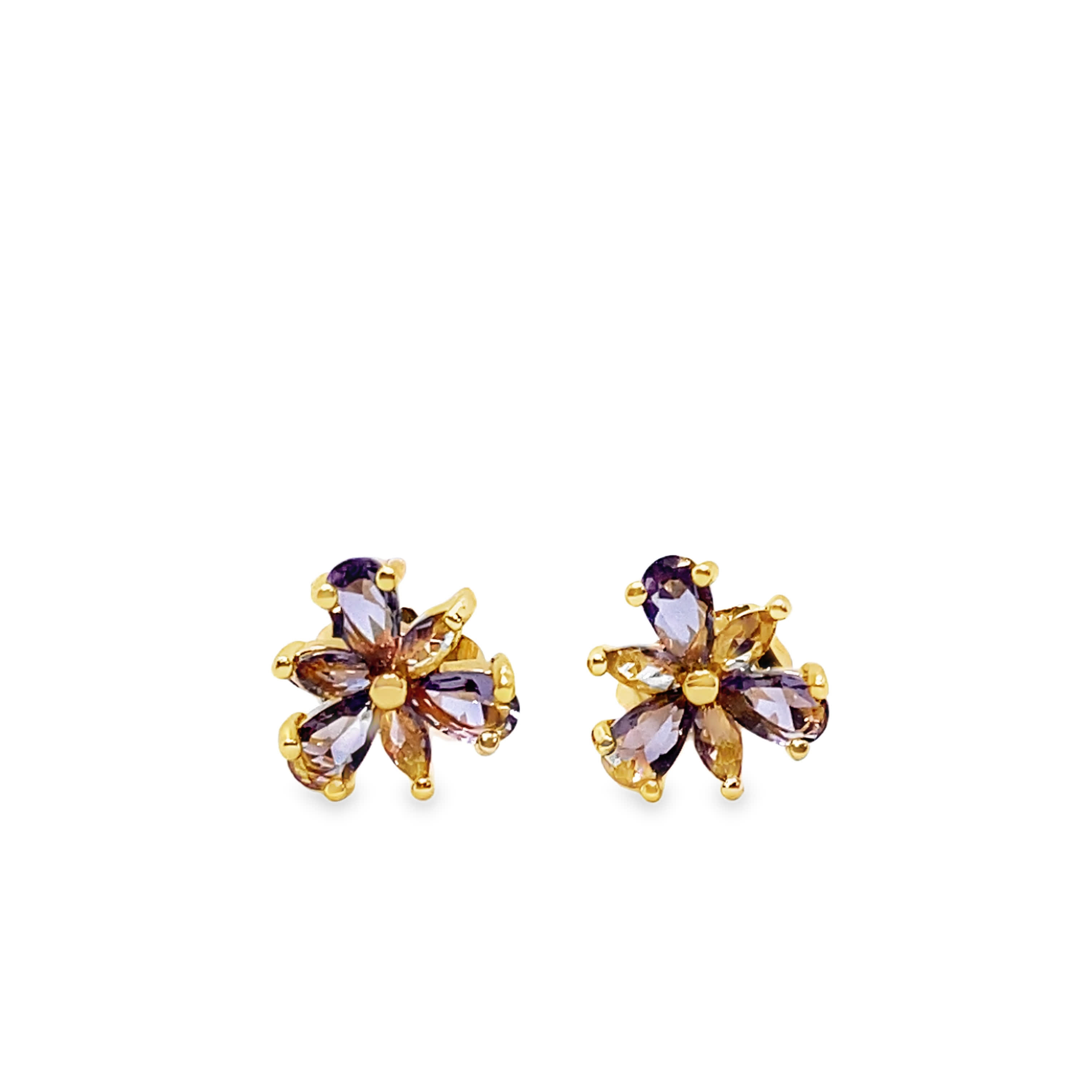 Kolczyki sztyfty z żółtego złota z ametystami w kształcie gruszki